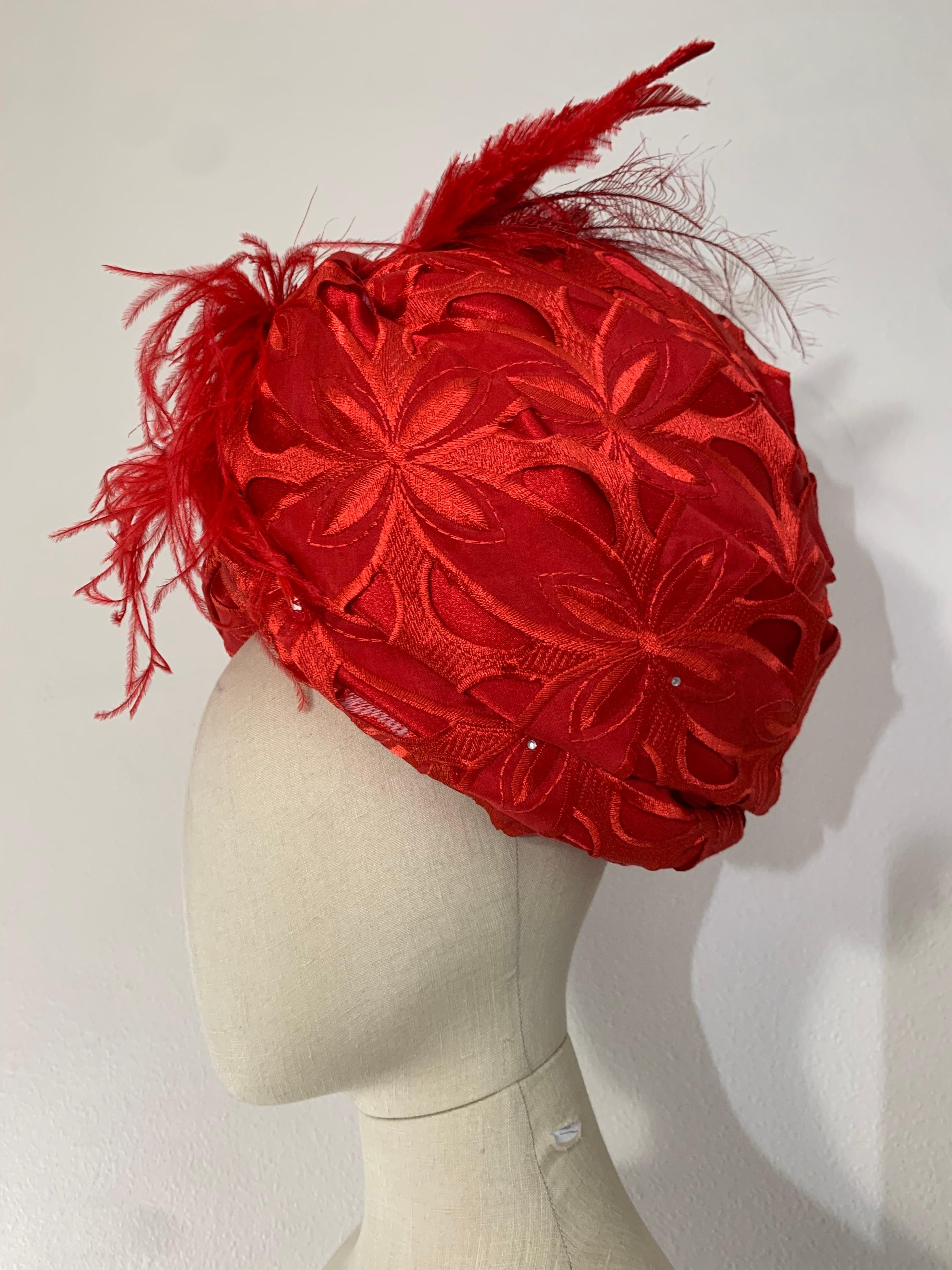Custom Made Suzanne Couture Millinery Cardinal Red Lace Eyelet Turban w Feathers For Sale 1
