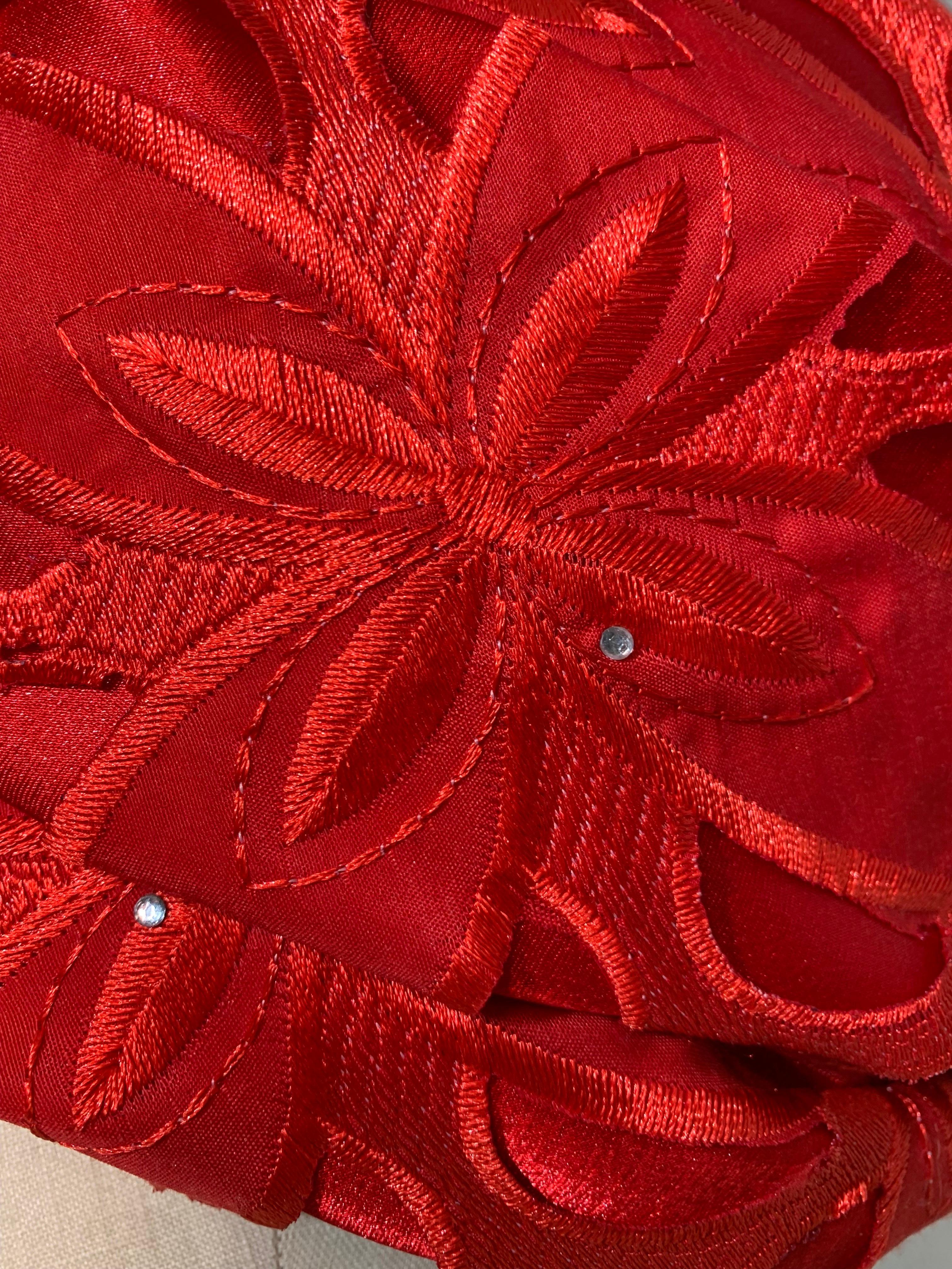 Custom Made Suzanne Couture Millinery Cardinal Red Lace Eyelet Turban w Feathers For Sale 2