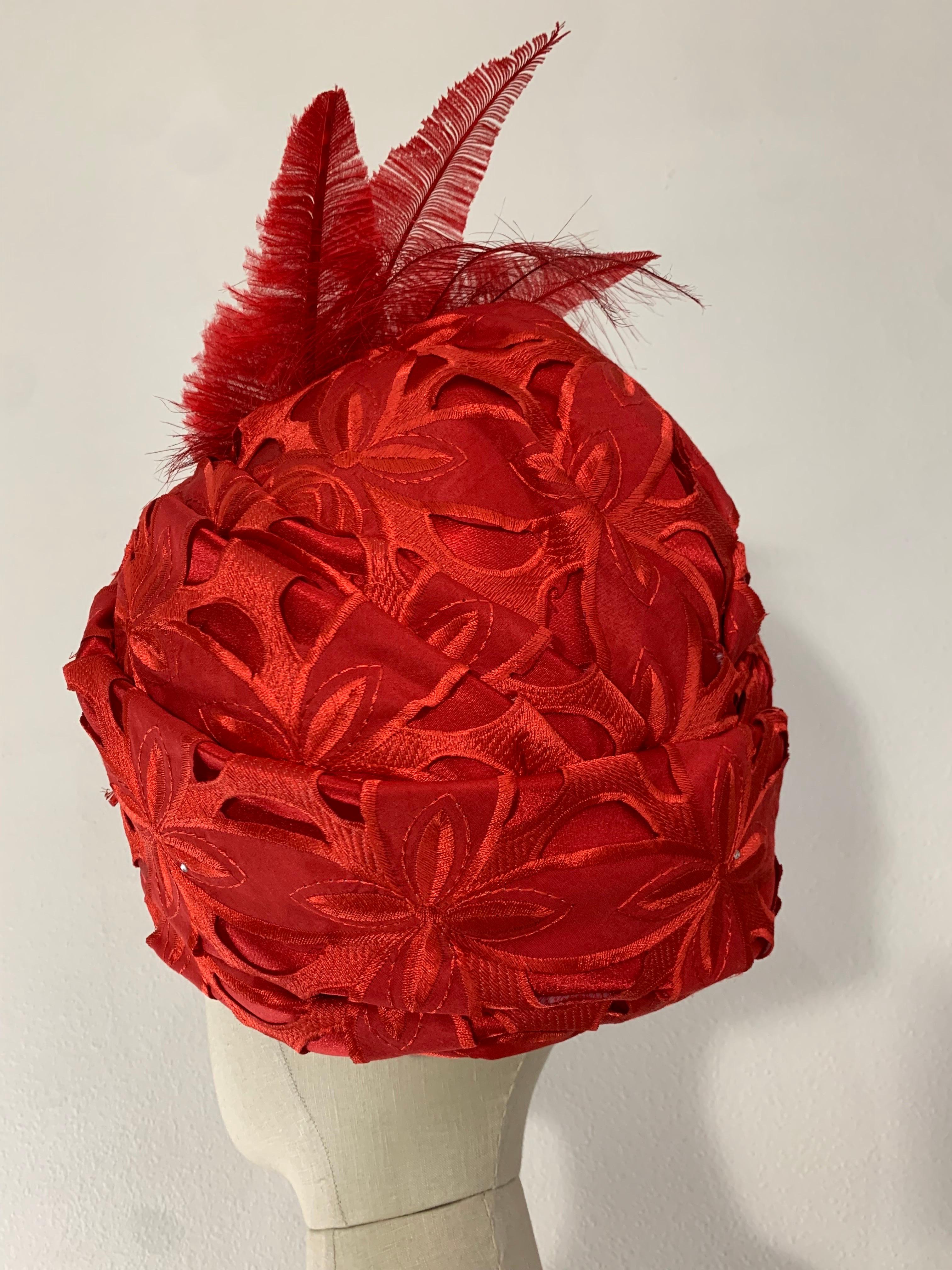 Custom Made Suzanne Couture Millinery Cardinal Red Lace Eyelet Turban w Feathers For Sale 3