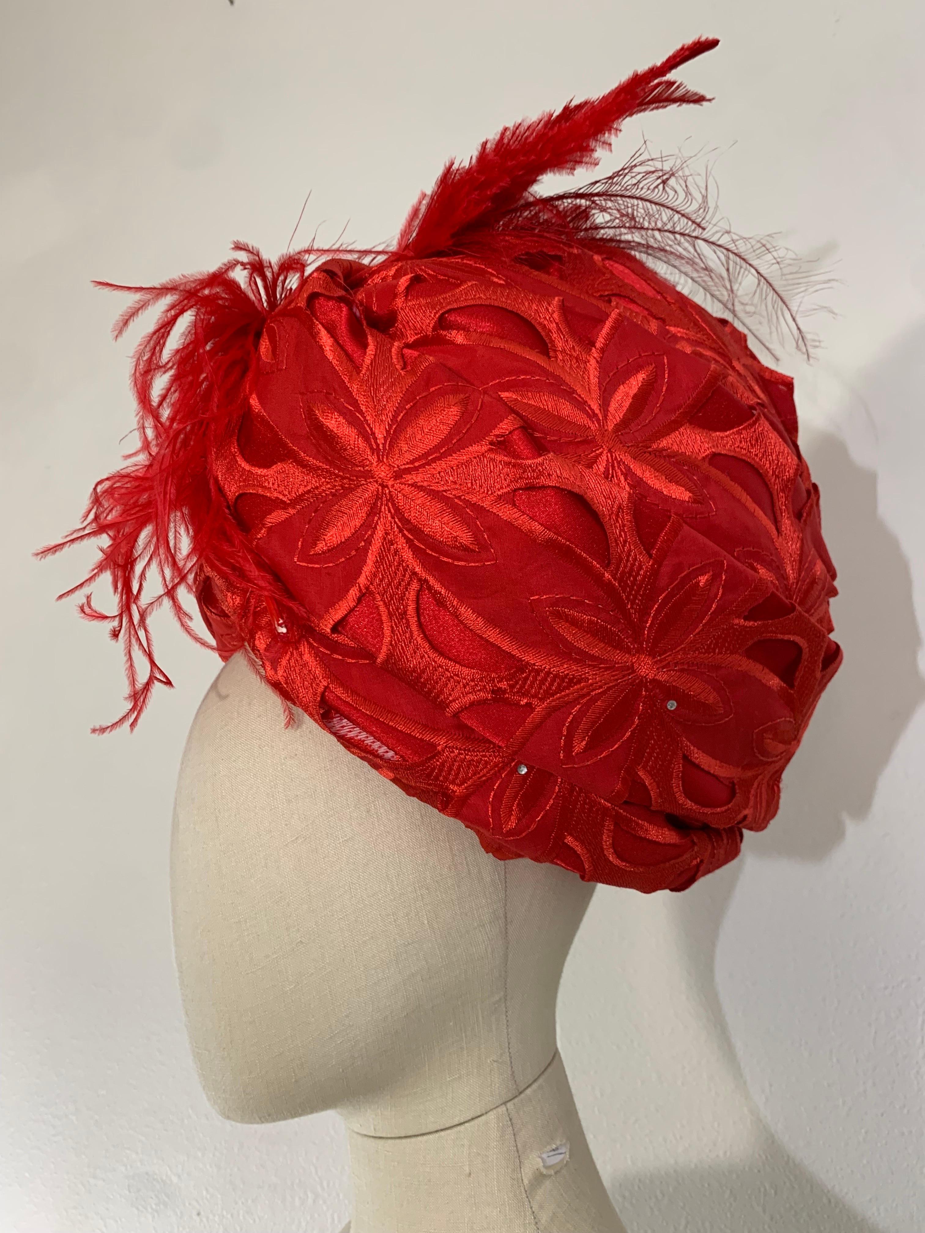 Custom Made Suzanne Couture Millinery Cardinal Red Lace Eyelet Turban w Feathers For Sale 4