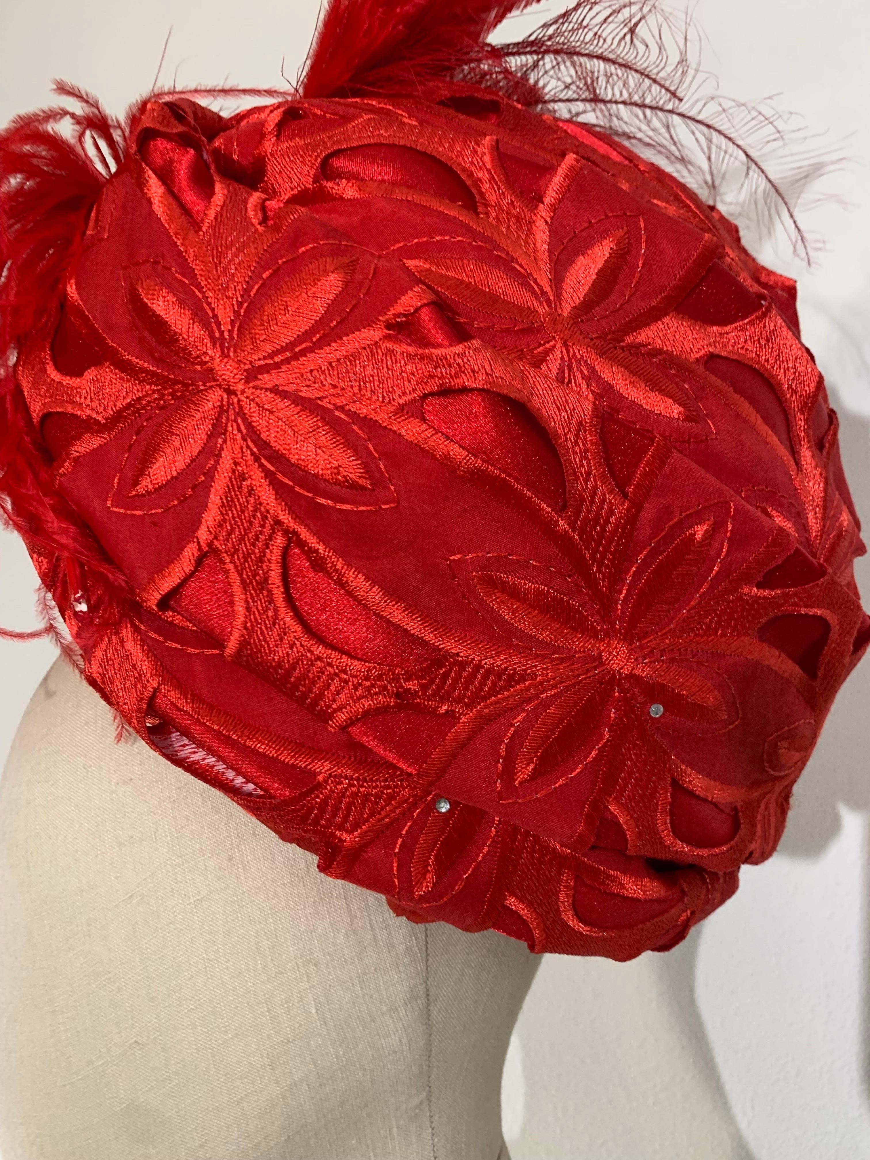 Custom Made Suzanne Couture Millinery Cardinal Red Lace Eyelet Turban w Feathers For Sale 5
