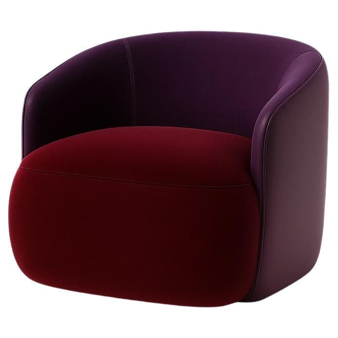 Custom-Made Swivel Armchair in BlackBerry Leather/ Ruby Red Velvet in vendita