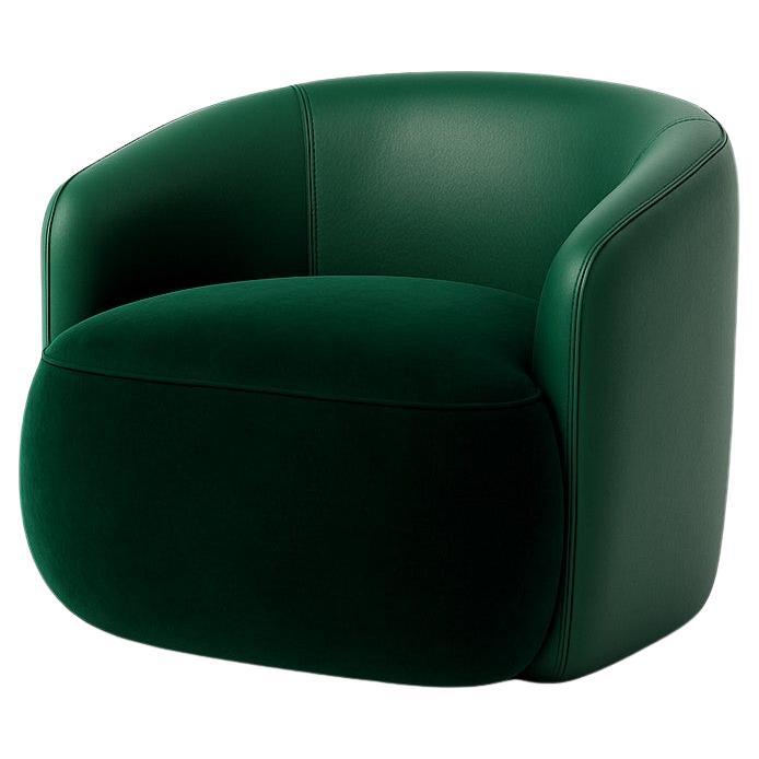 Custom-Made Swivel Armchair in Monotone Green—Leather Back & Velvet Seat