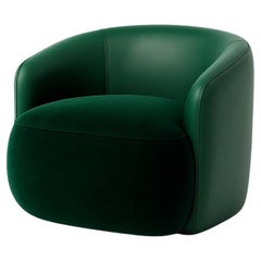 Custom-Made Swivel Armchair in Monotone Green—Leather Back & Velvet Seat