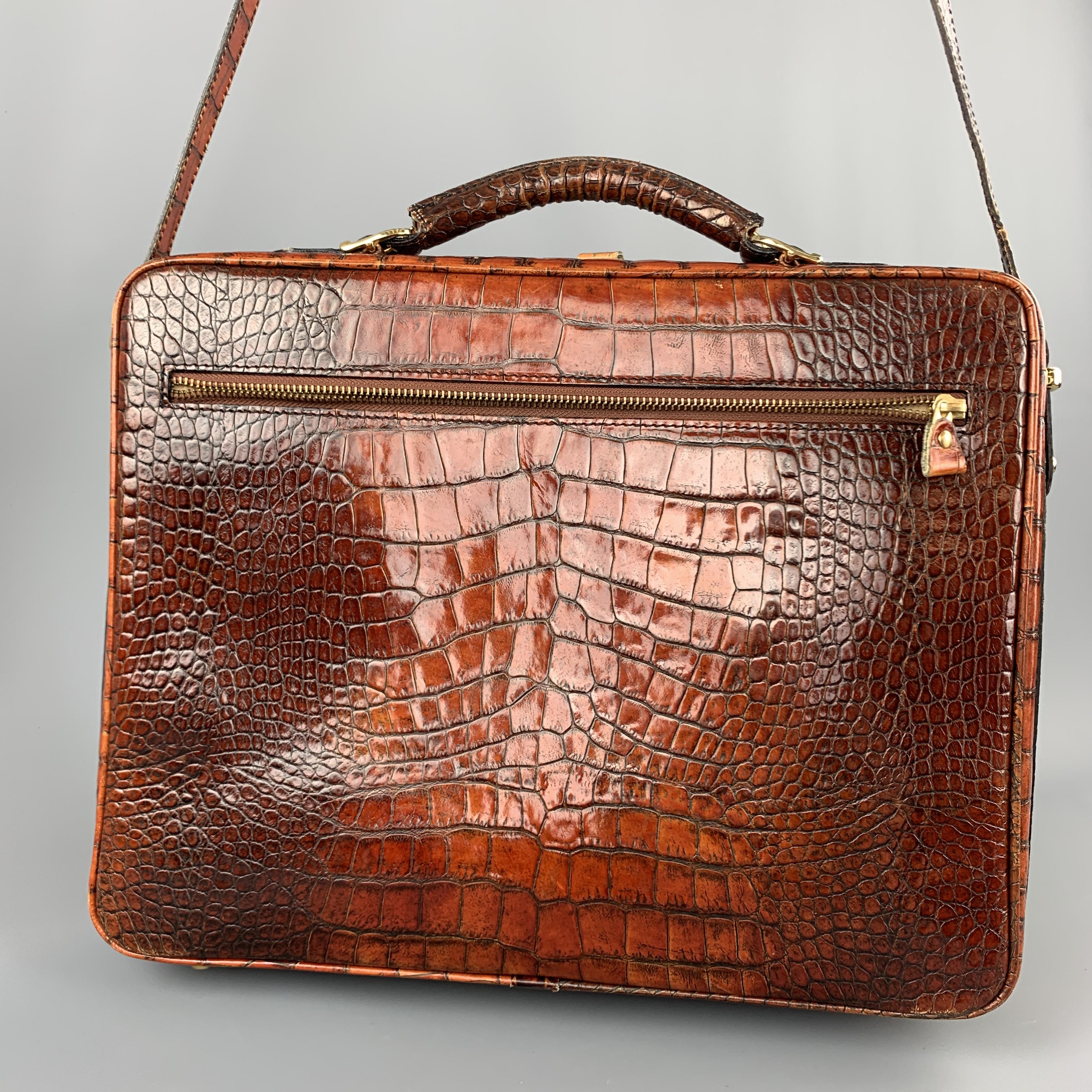 Brown CUSTOM MADE Tan Ombre Alligator Embossed leather Shoulder Strap Briefcase