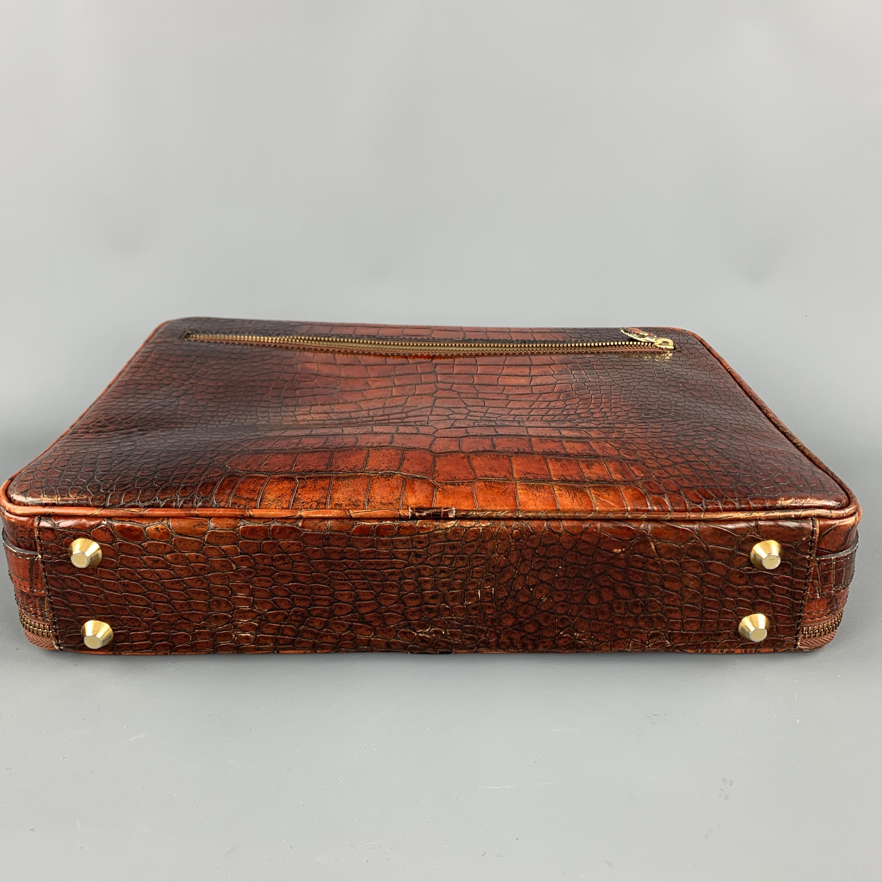 CUSTOM MADE Tan Ombre Alligator Embossed leather Shoulder Strap Briefcase In Good Condition In San Francisco, CA