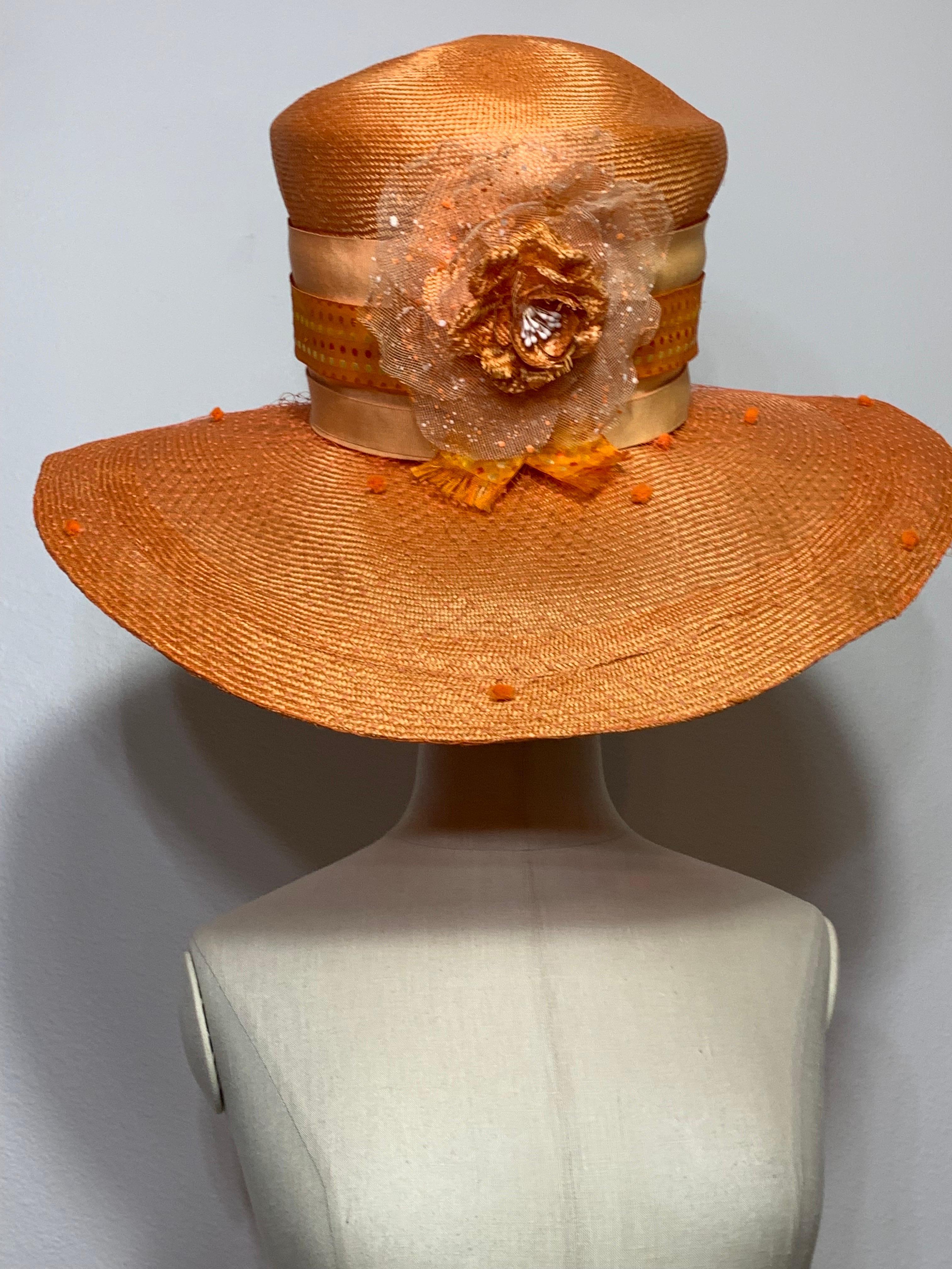 Custom Made Tangerine Straw Wide Brim Hat w Flower Embellishment and Veiled Brim For Sale 6