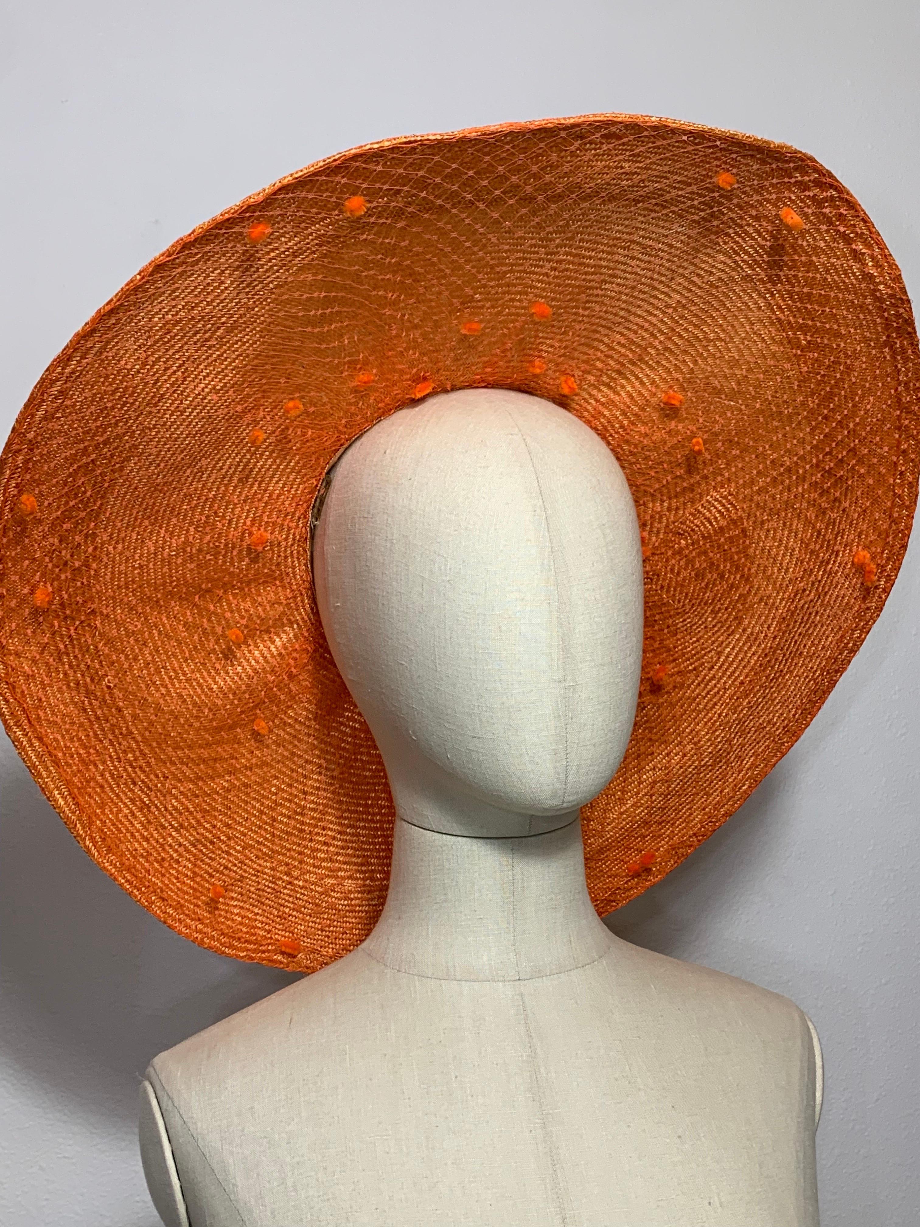 Custom Made Tangerine Straw Wide Brim Hat w Flower Embellishment and Veiled Brim For Sale 7