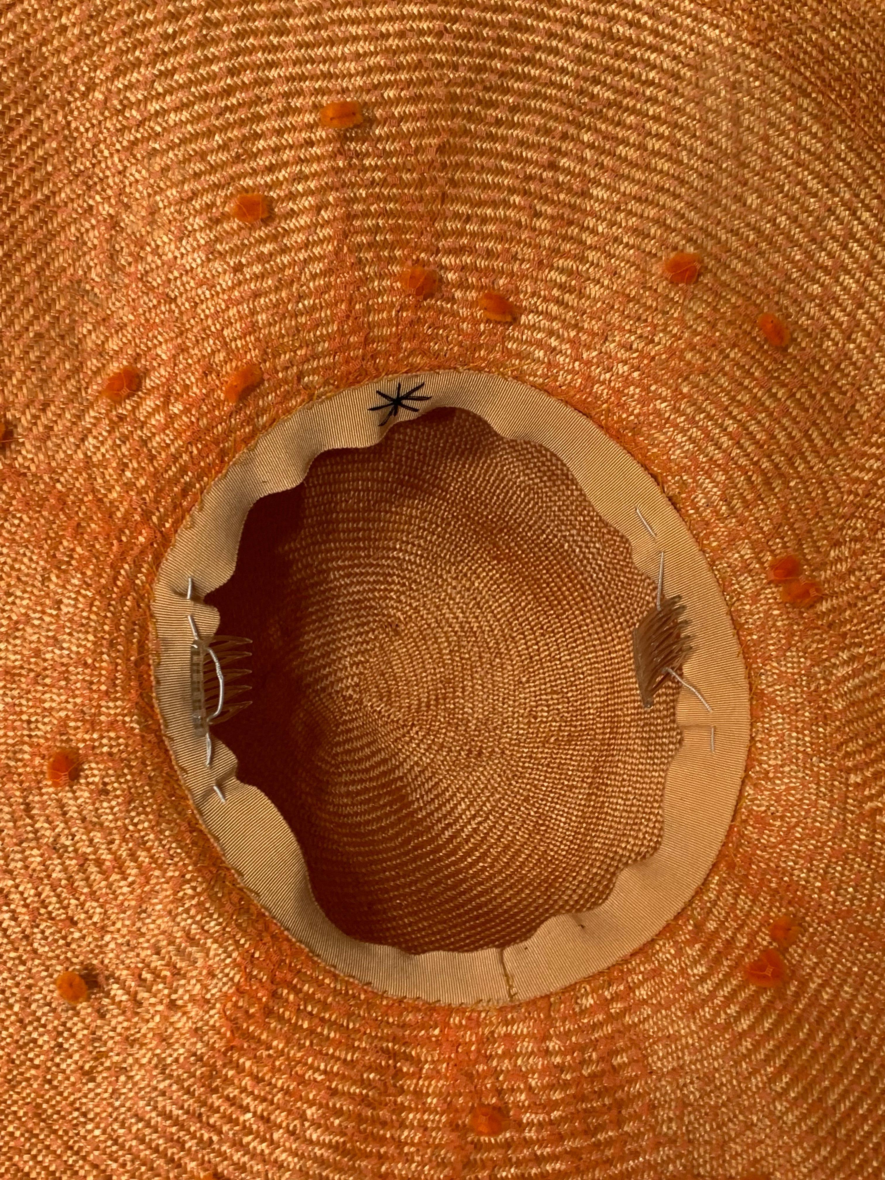 Custom Made Tangerine Straw Wide Brim Hat w Flower Embellishment and Veiled Brim For Sale 9