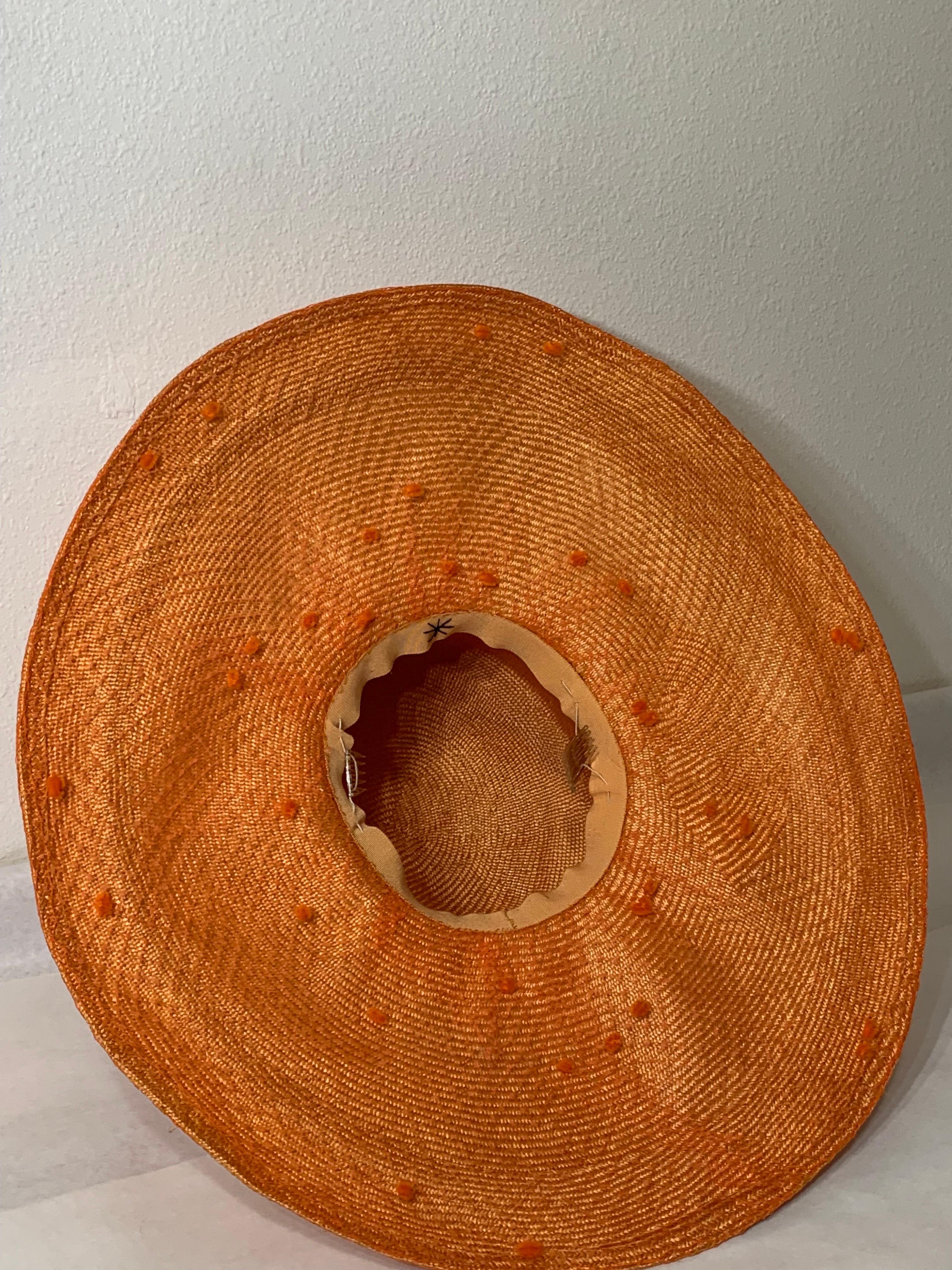 Custom Made Tangerine Straw Wide Brim Hat w Flower Embellishment and Veiled Brim For Sale 10