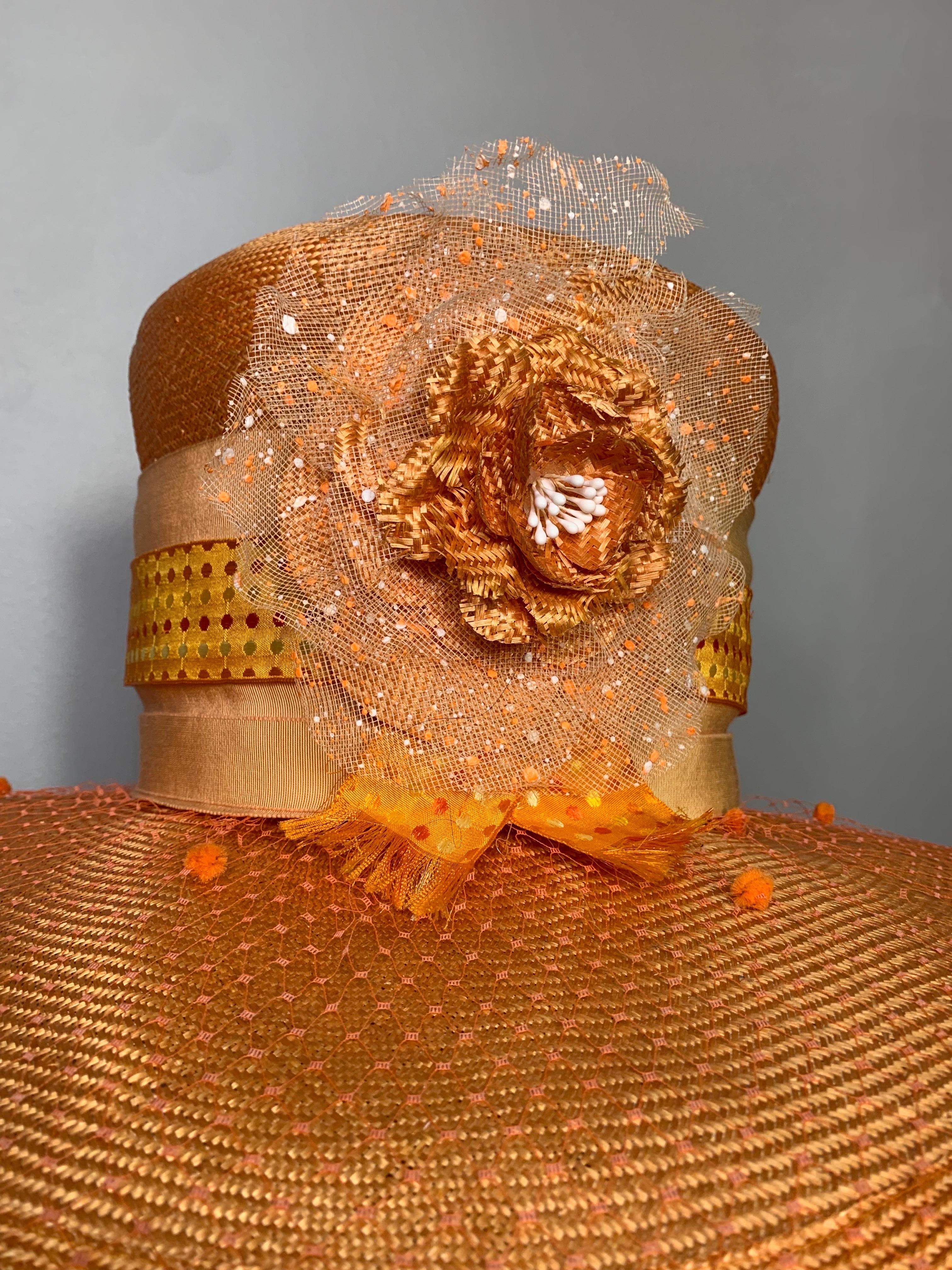 Women's Custom Made Tangerine Straw Wide Brim Hat w Flower Embellishment and Veiled Brim For Sale