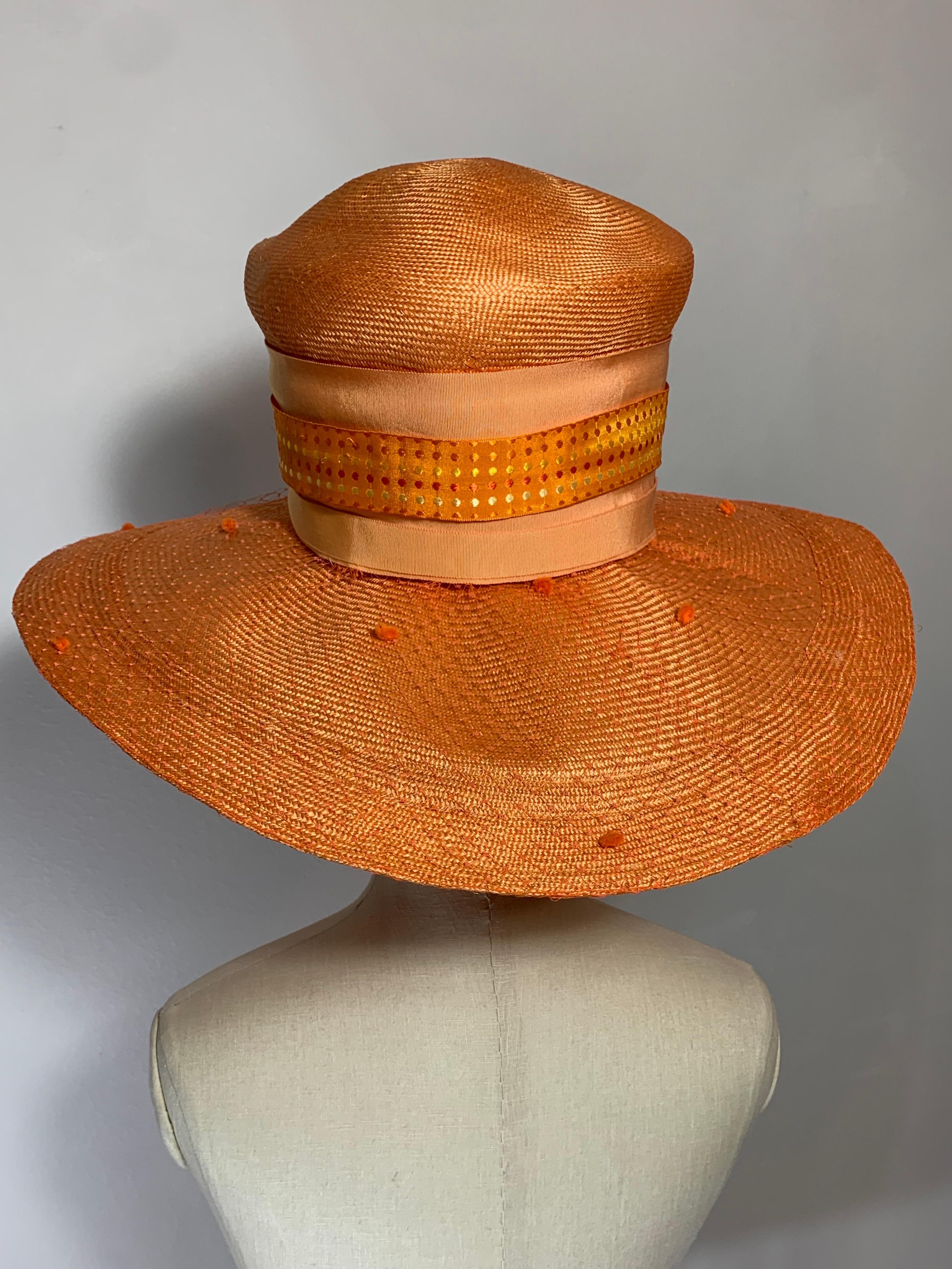 Custom Made Tangerine Straw Wide Brim Hat w Flower Embellishment and Veiled Brim For Sale 2