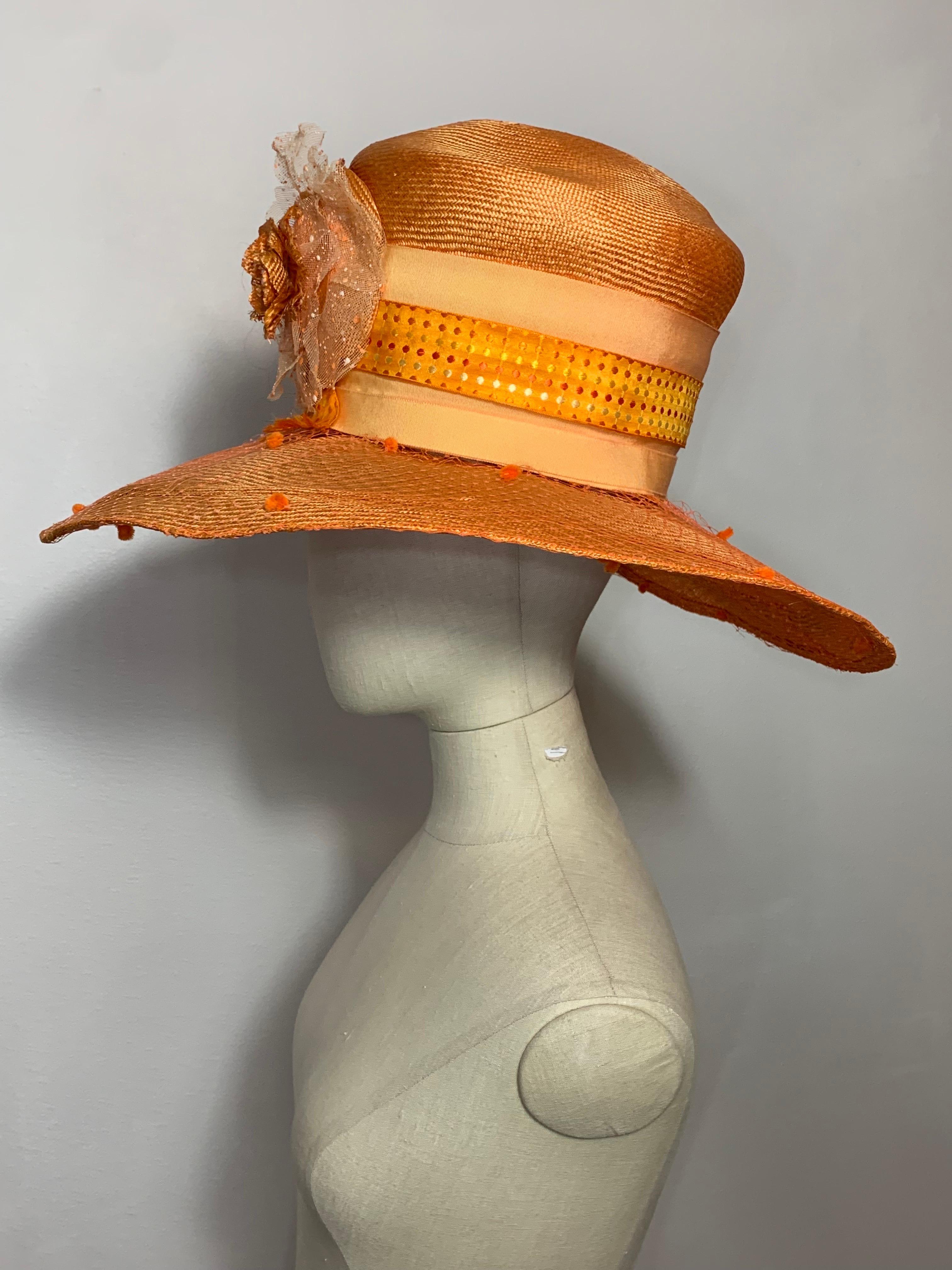 Custom Made Tangerine Straw Wide Brim Hat w Flower Embellishment and Veiled Brim For Sale 3