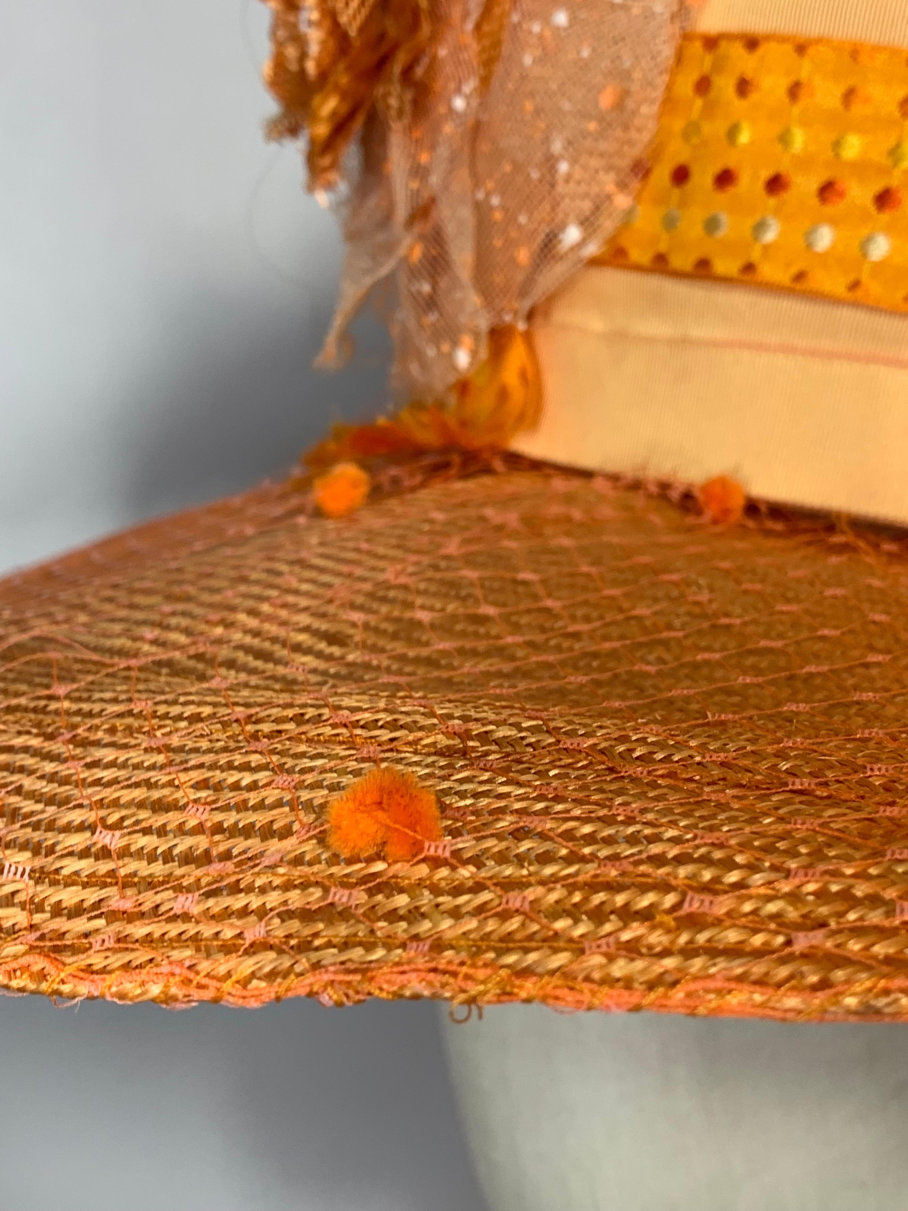 Custom Made Tangerine Straw Wide Brim Hat w Flower Embellishment and Veiled Brim For Sale 4