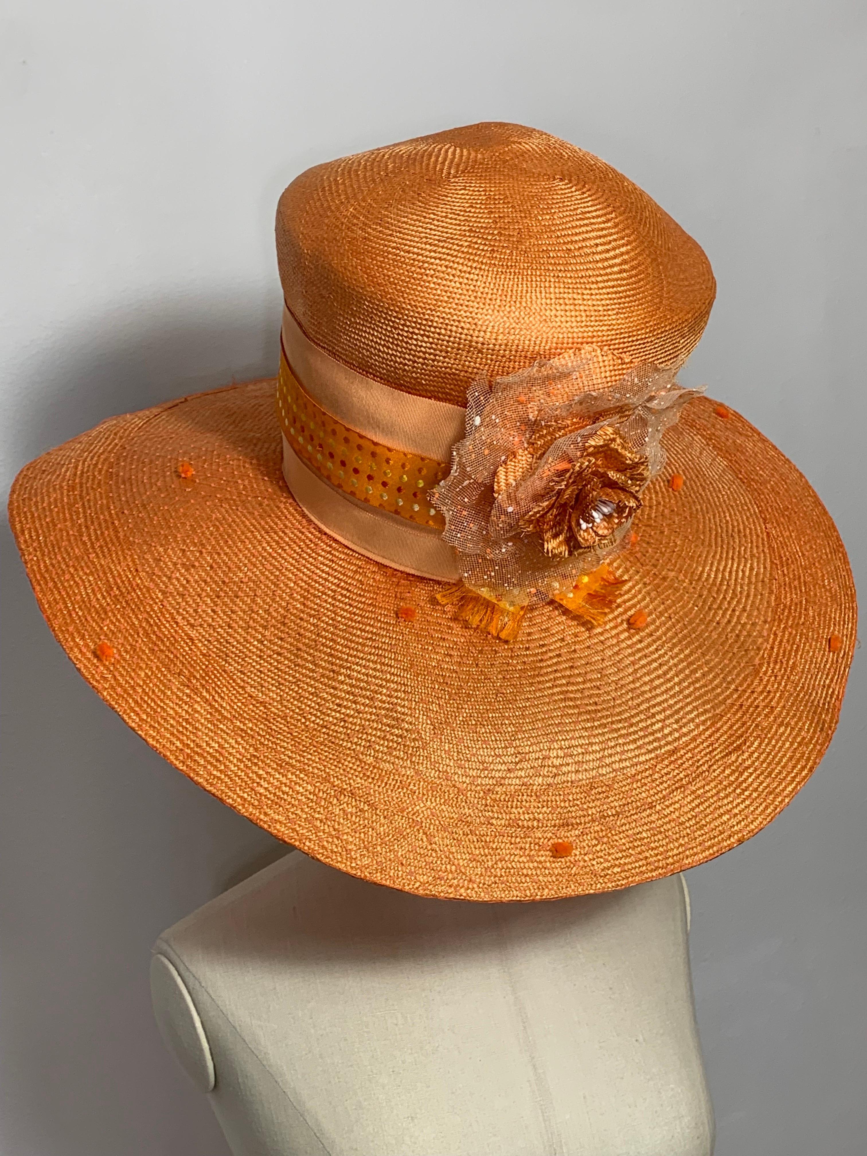 Custom Made Tangerine Straw Wide Brim Hat w Flower Embellishment and Veiled Brim For Sale 5