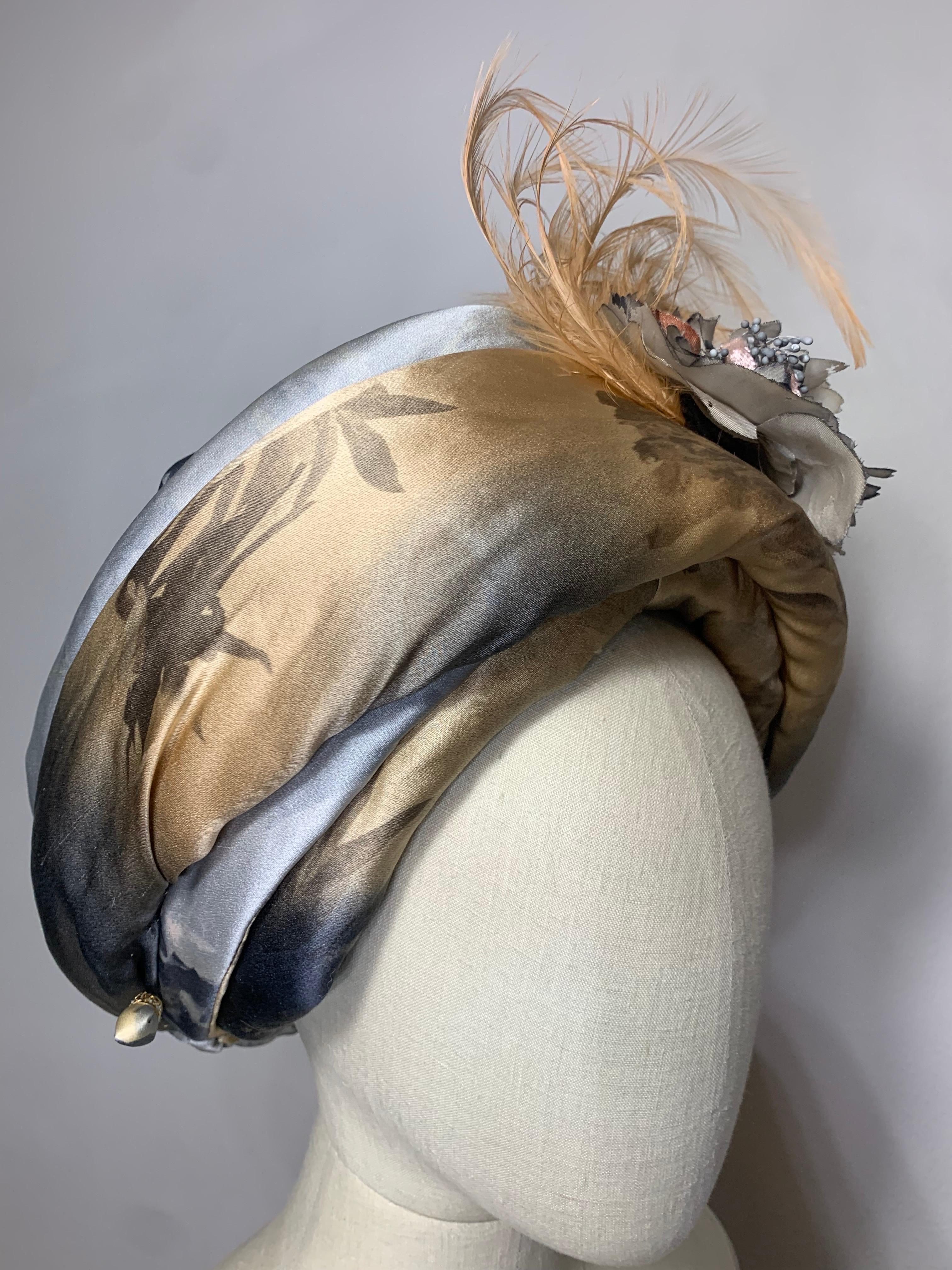 Custom Made Taupe & Gray Ombre Floral Print Silk Turban w Feather & Flower  For Sale 6