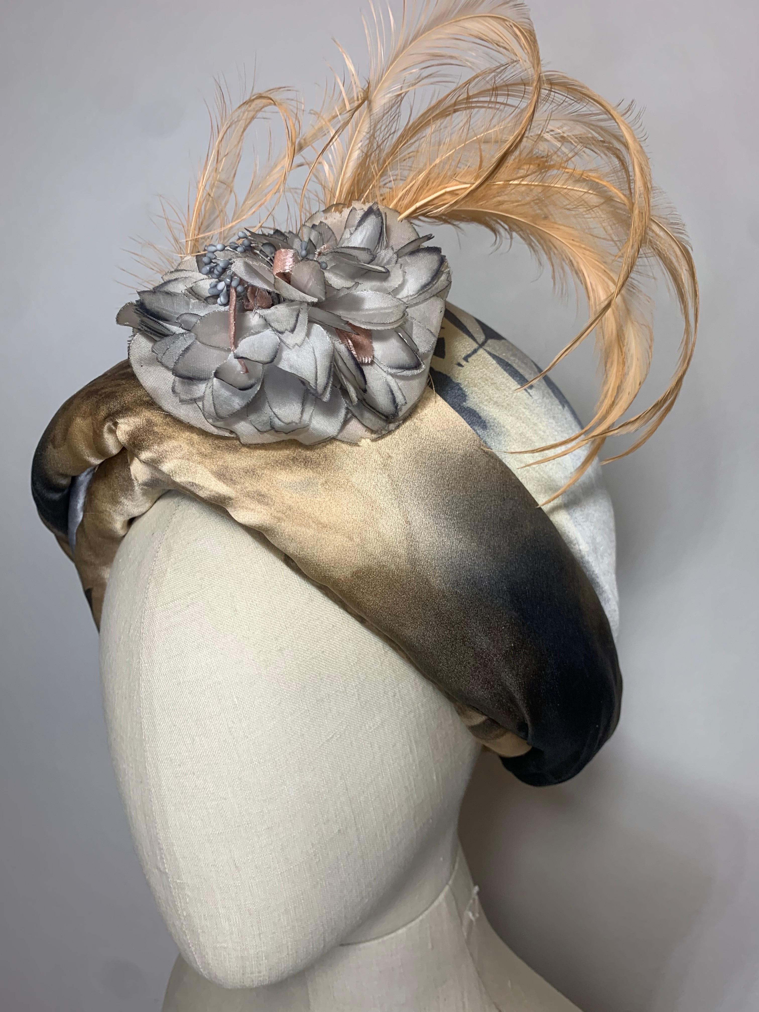 Custom Made Taupe & Gray Ombre Floral Print Silk Turban w Feather & Flower  For Sale 7