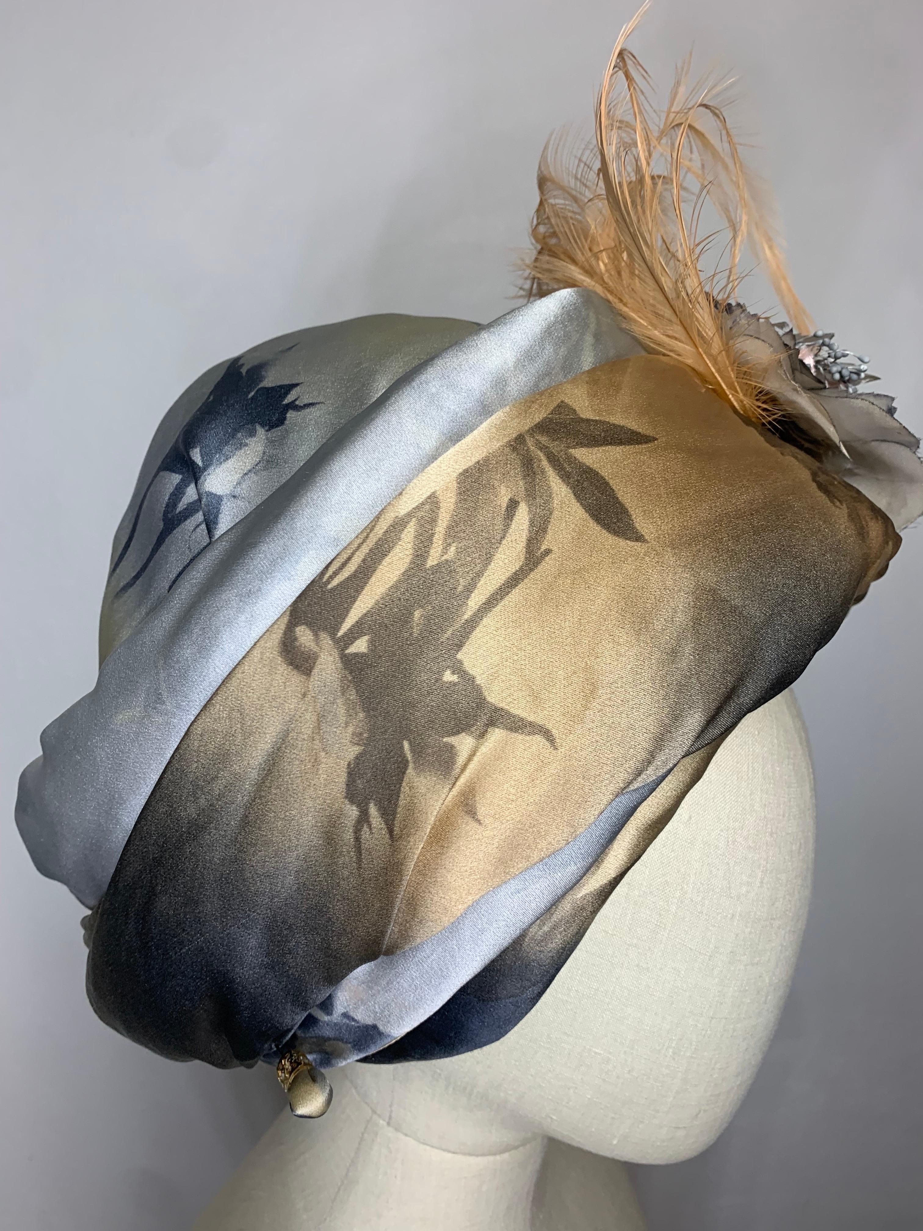 Custom Made Taupe & Gray Ombre Floral Print Silk Turban w Feather & Flower  For Sale 8