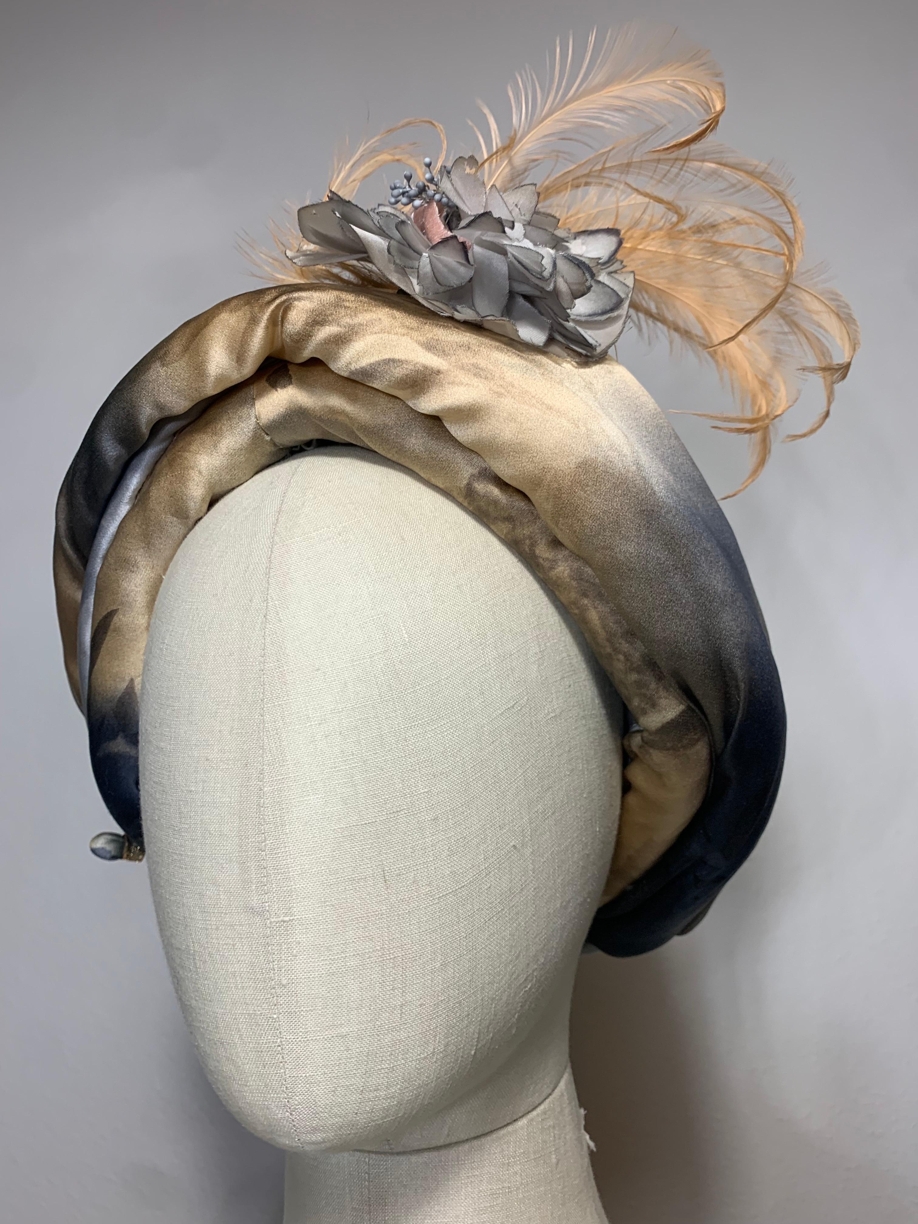 Custom Made Taupe & Gray Ombre Floral Print Silk Turban w Feather & Flower  For Sale 9