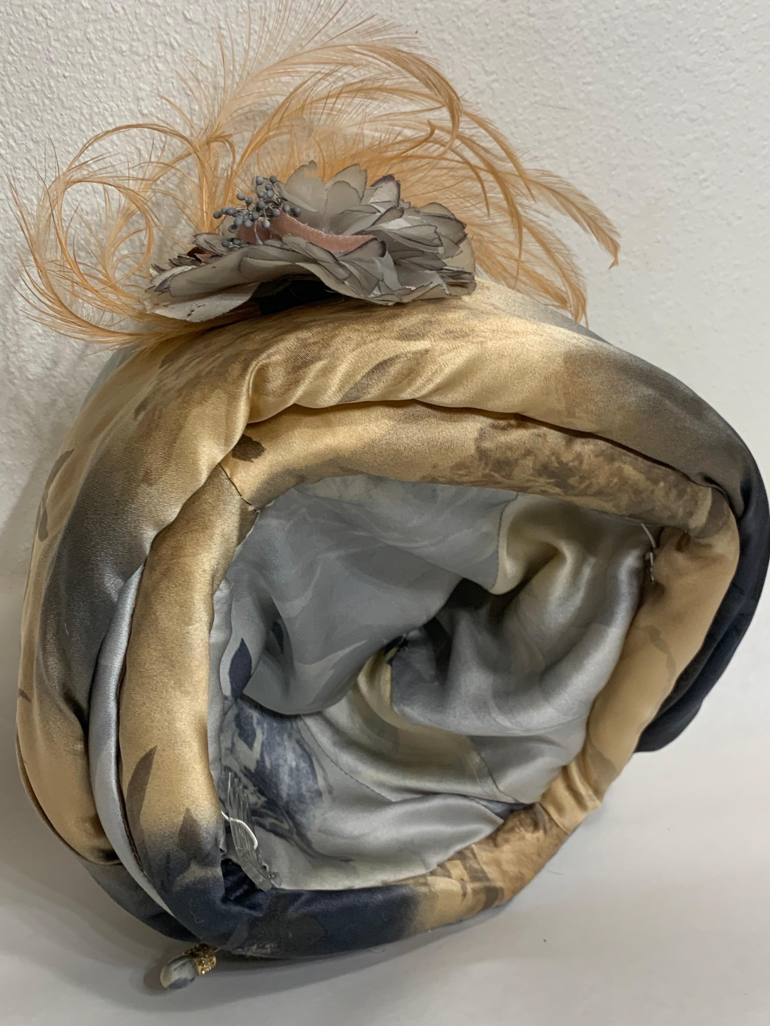 Custom Made Taupe & Gray Ombre Floral Print Silk Turban w Feather & Flower  For Sale 11