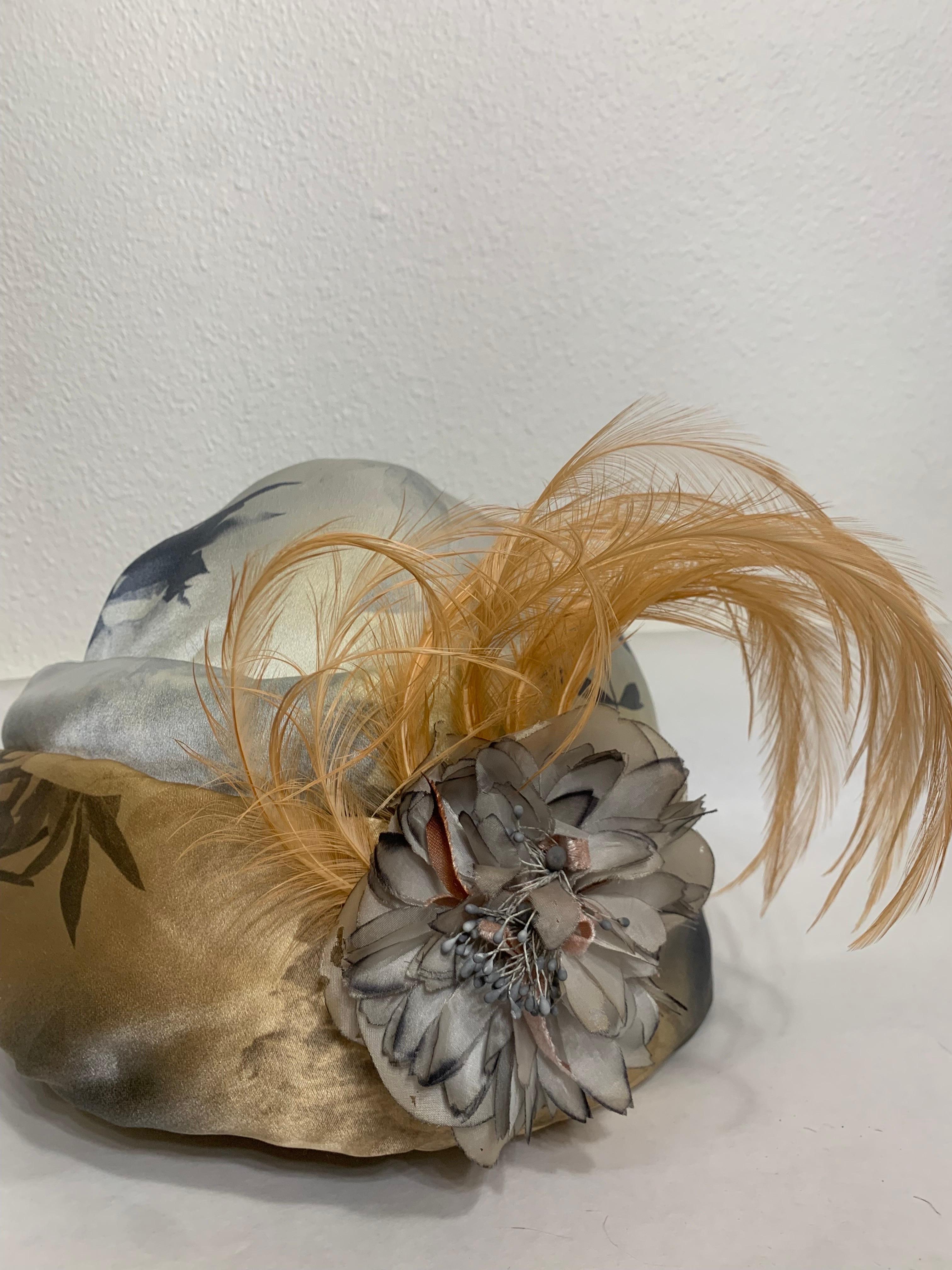 Custom Made Taupe & Gray Ombre Floral Print Silk Turban w Feather & Flower  For Sale 12