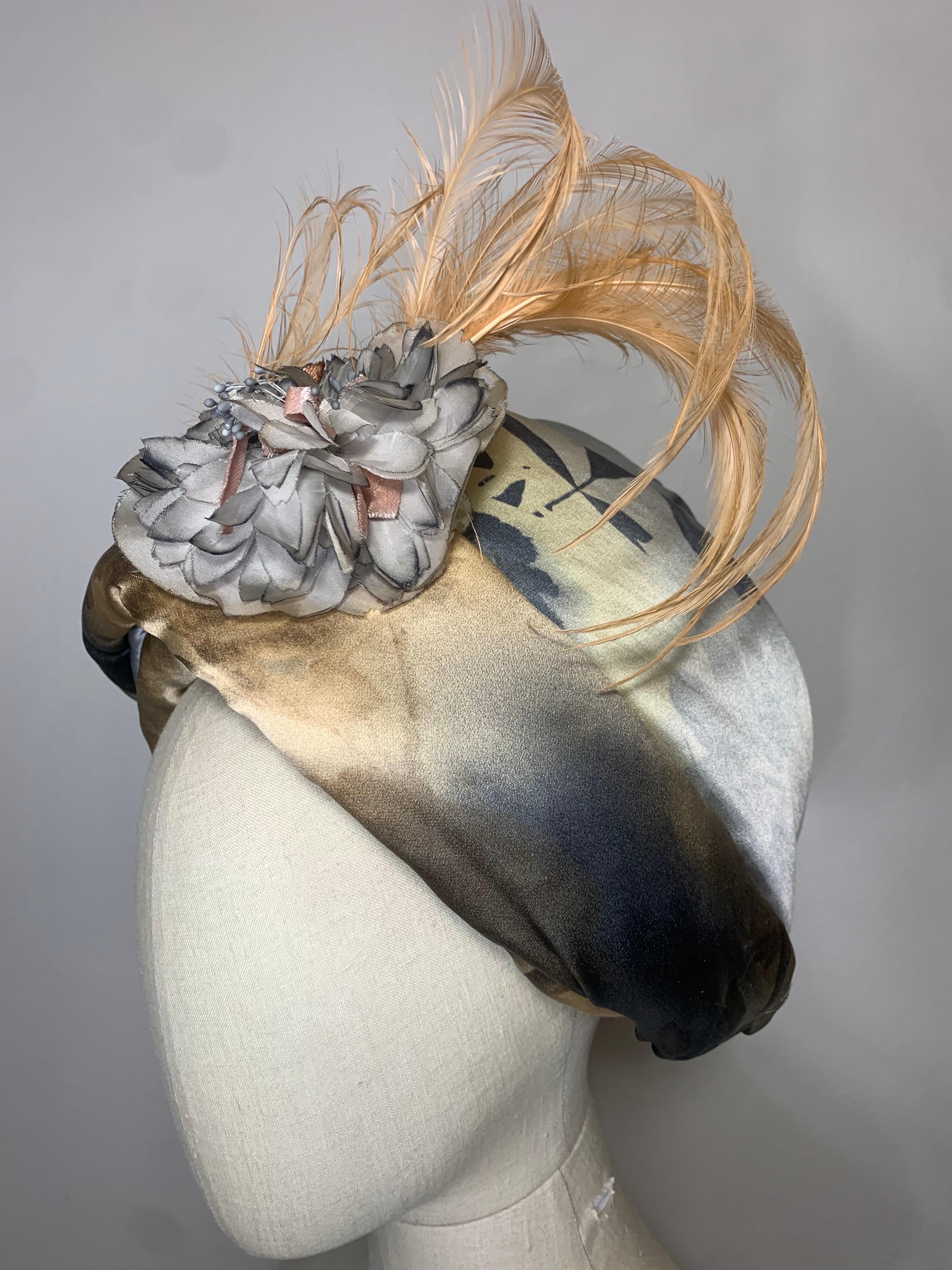 Custom Made Taupe & Gray Ombre Floral Print Silk Turban w Feather & Flower  In Excellent Condition For Sale In Gresham, OR