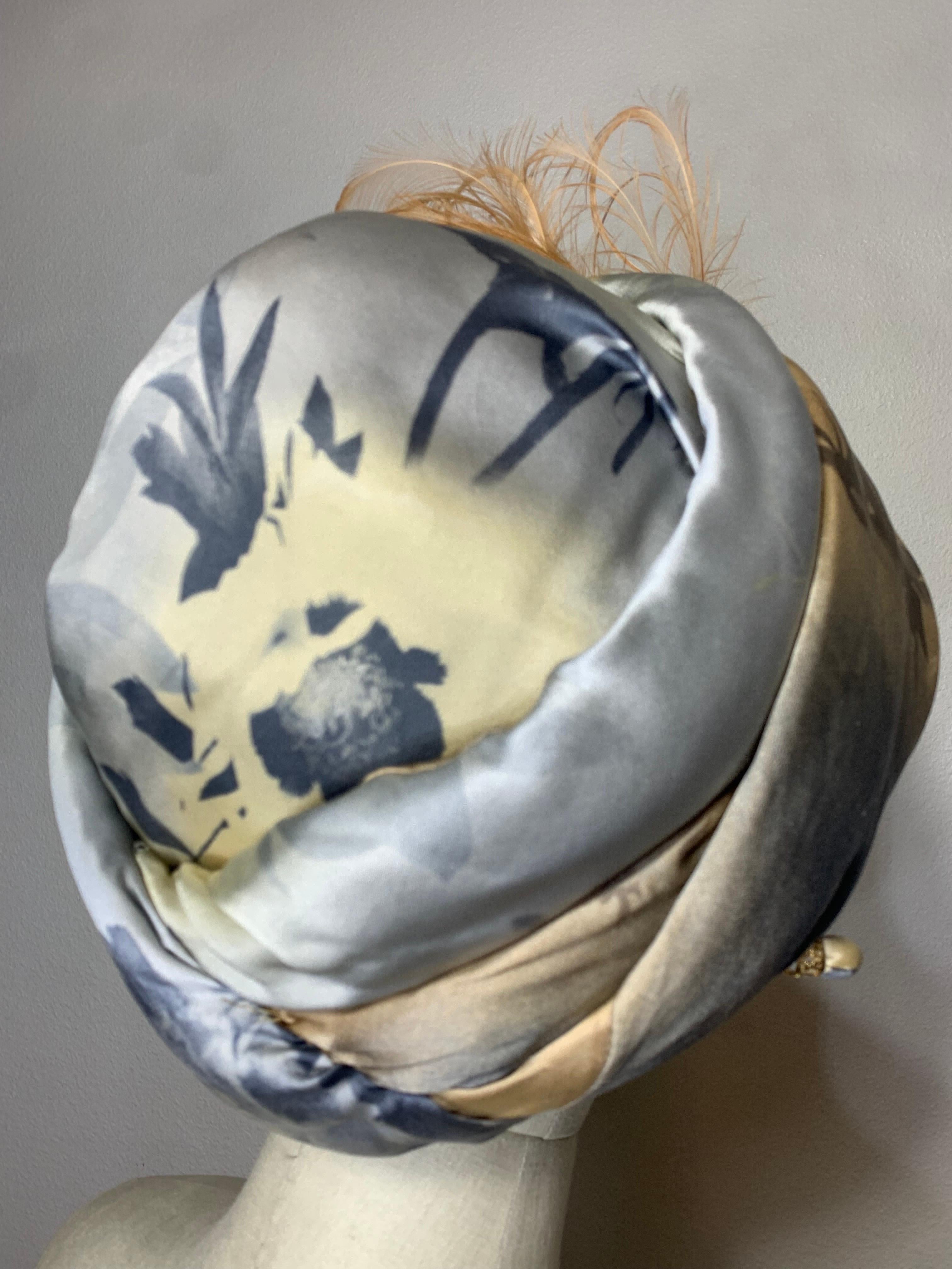 Custom Made Taupe & Gray Ombre Floral Print Silk Turban w Feather & Flower  For Sale 3