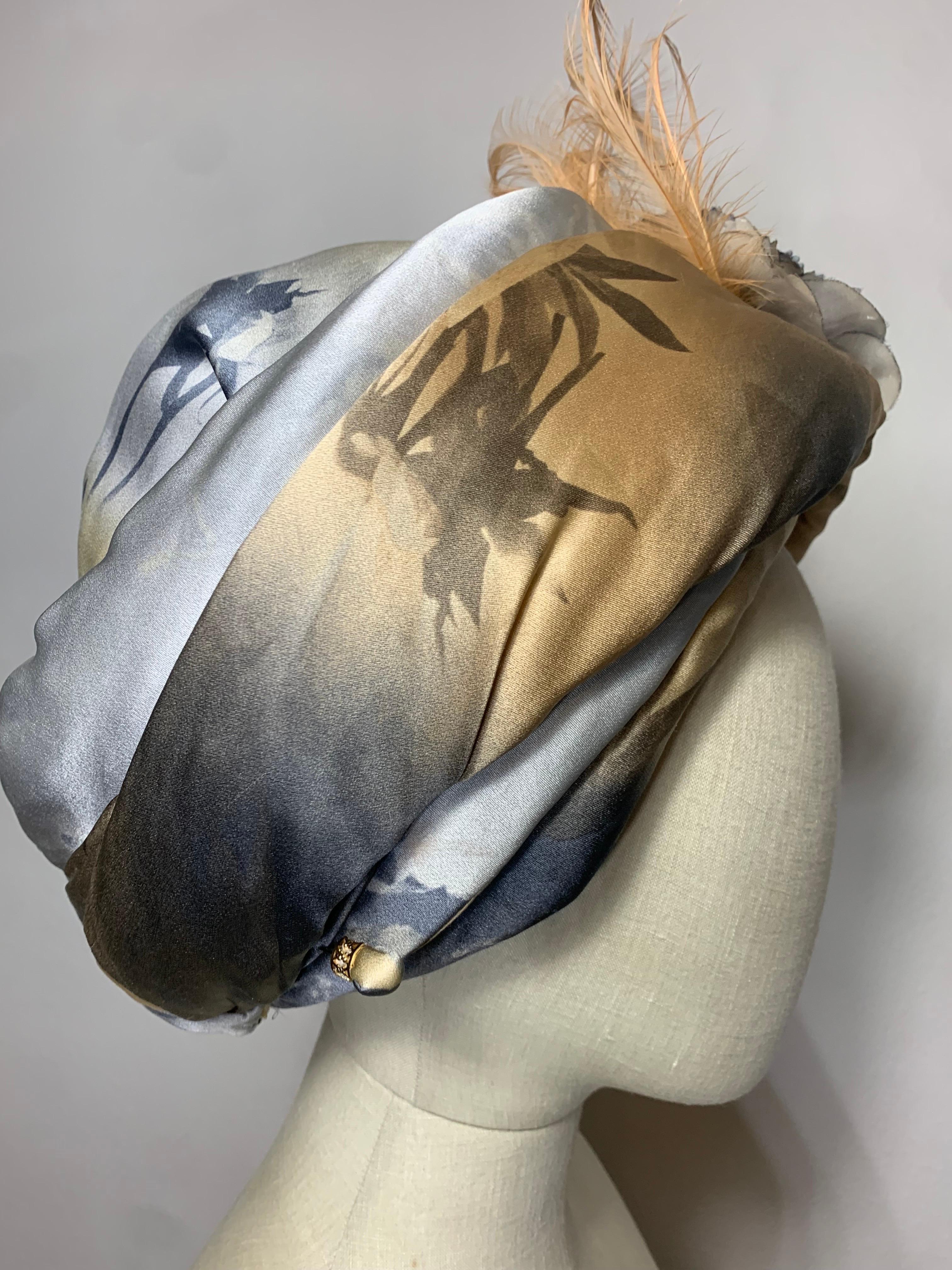 Custom Made Taupe & Gray Ombre Floral Print Silk Turban w Feather & Flower  For Sale 5