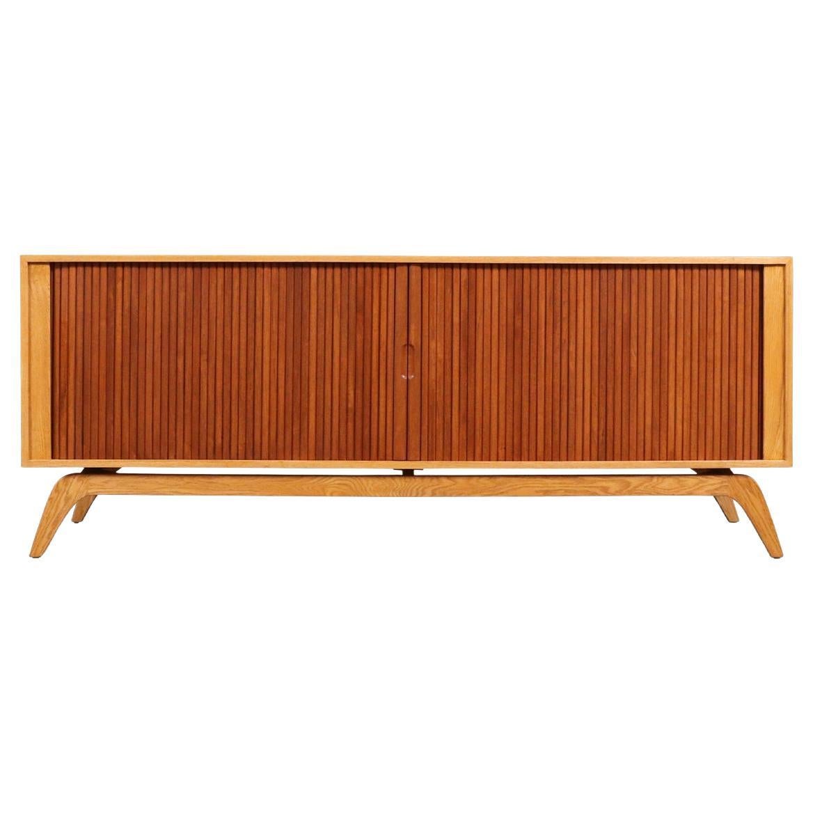 Credenza con sportello a tamburo in teak e oak su misura di Danish Modern LA in vendita