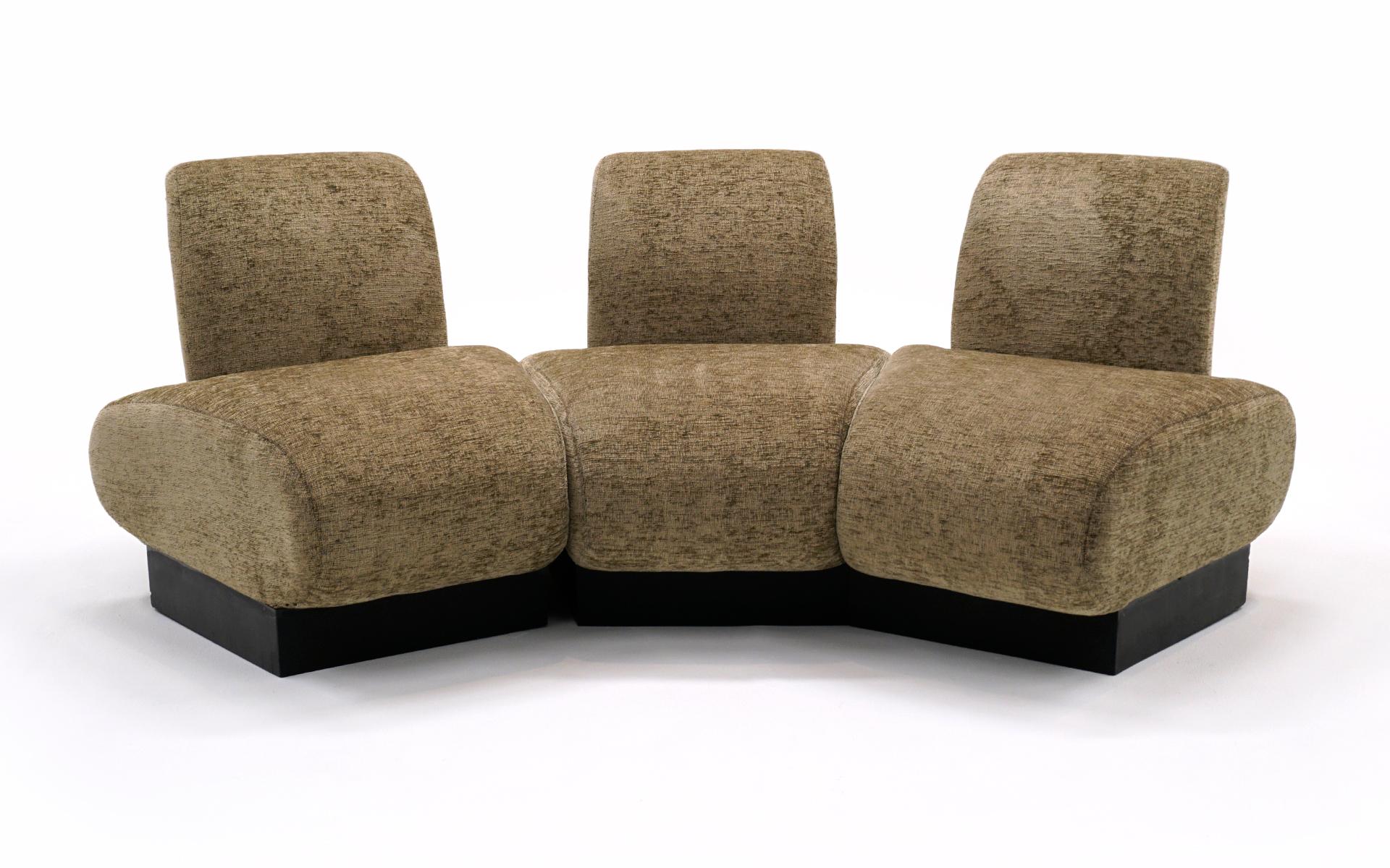Inquire for a better shipping quote!  One of a kind three seat seating unit designed by Architect Allen Feingold.  One unit is a two seater and the other a single which can be put together for a three seat unit.  The upholstery shows no wear at all.