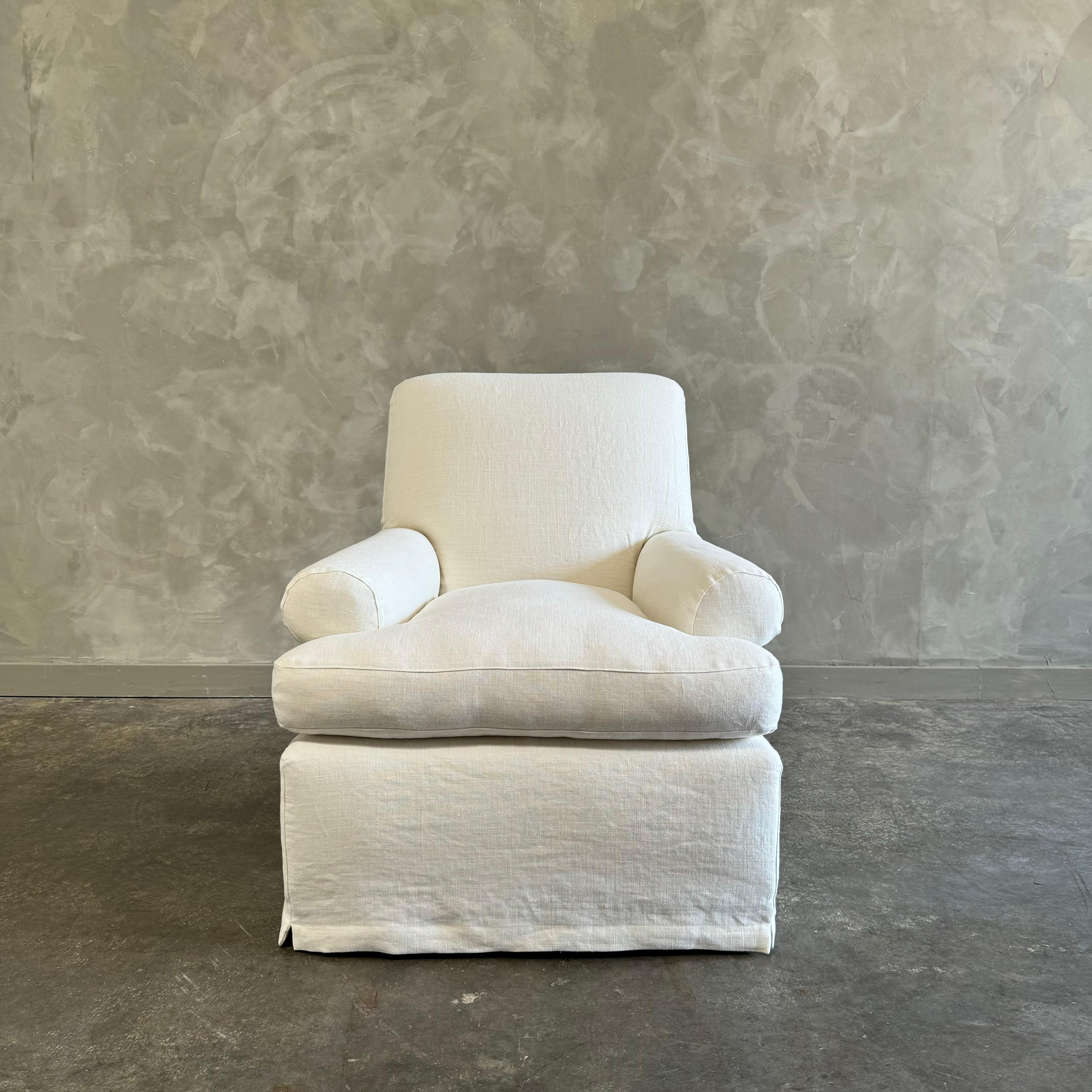 This White Linen Slip-Covered Lounge Chair fits as the perfect accent to any room. It's the perfect chair to have adjacent to a sofa, and can make every pillow look delightful in the room.
Slip cover made out of 100% natural Belgian Linen. 
Seat is