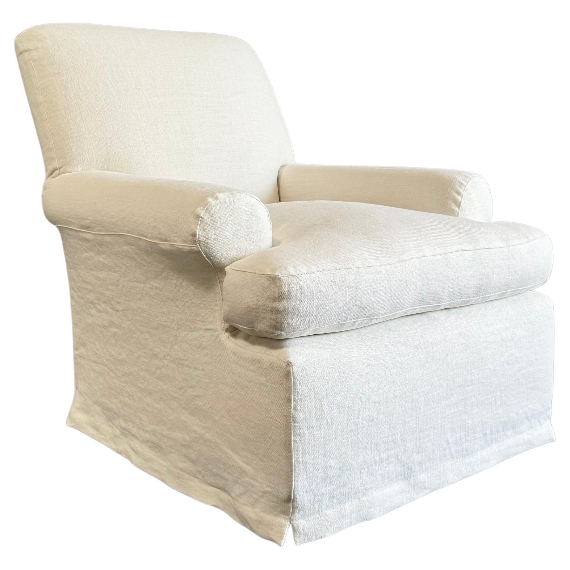 Custom Made to Order Belgian Linen Slip Cover Club Chair with Down Cushion  For Sale