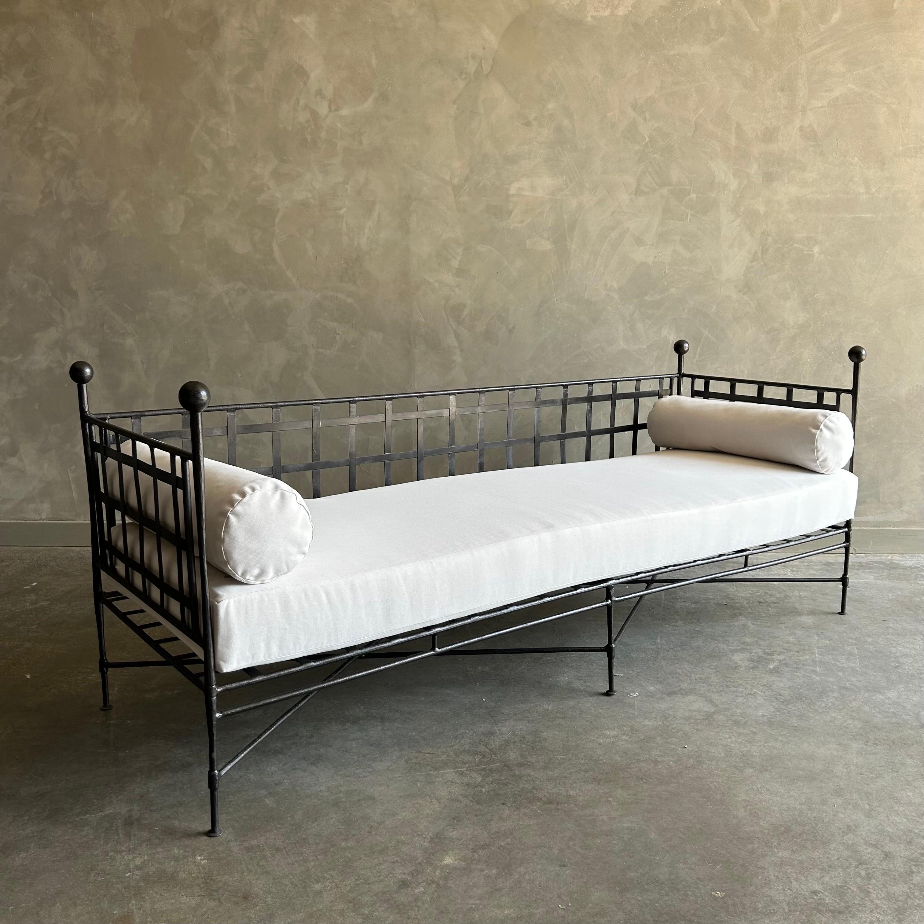 Custom Made to Order
Iron Sofa for Indoor or Outdoor
Size:  73”w x 25”d x 29”h  SH:16”. SD:24”
Can be made to your specifications. This collection also includes chairs, ottomans and coffee tables, made to order.
Each piece is hand crafted, and