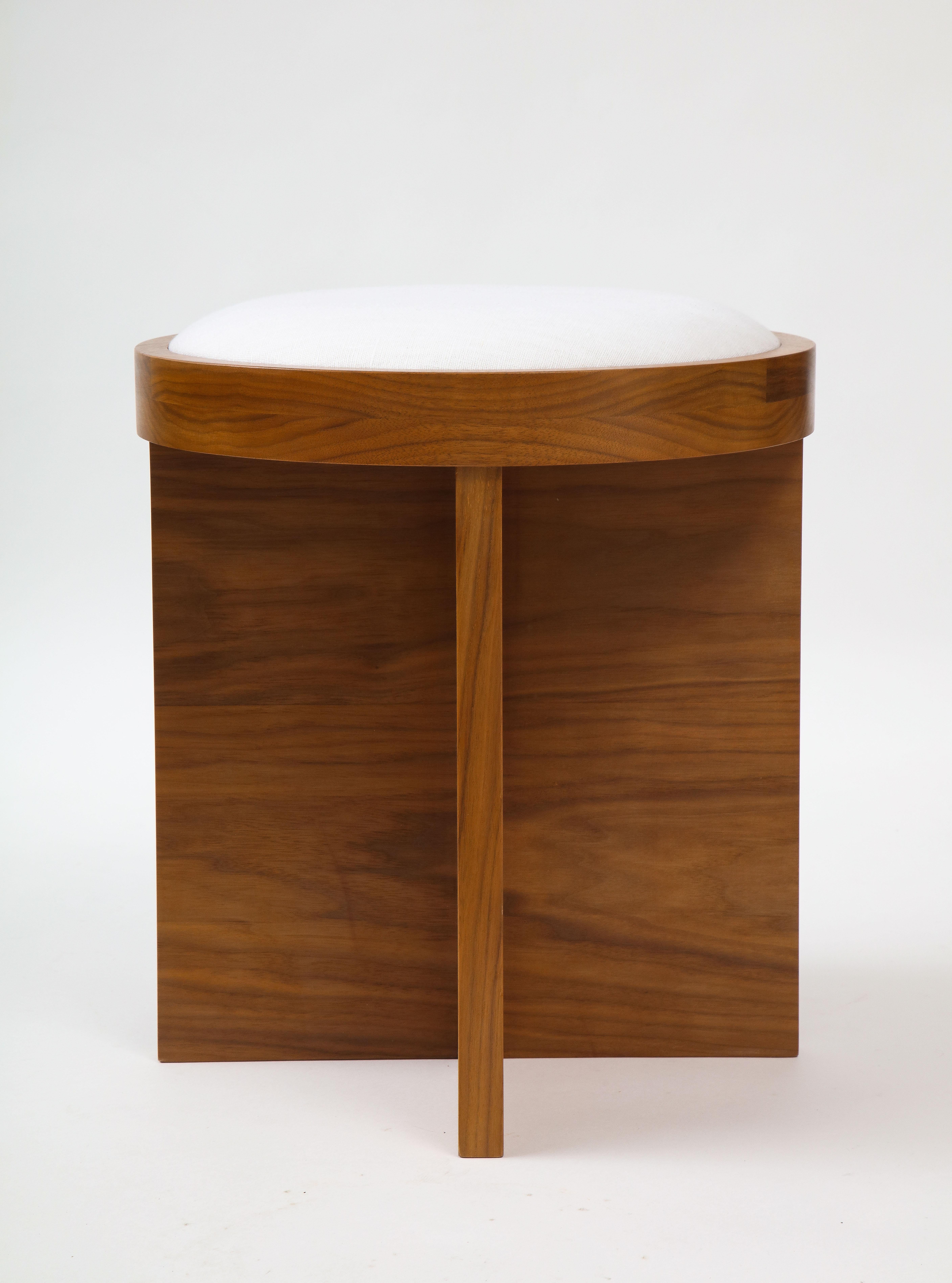 Custom Made to Order Solid Walnut Stool with Linen Inset Cushioned Top For Sale 4