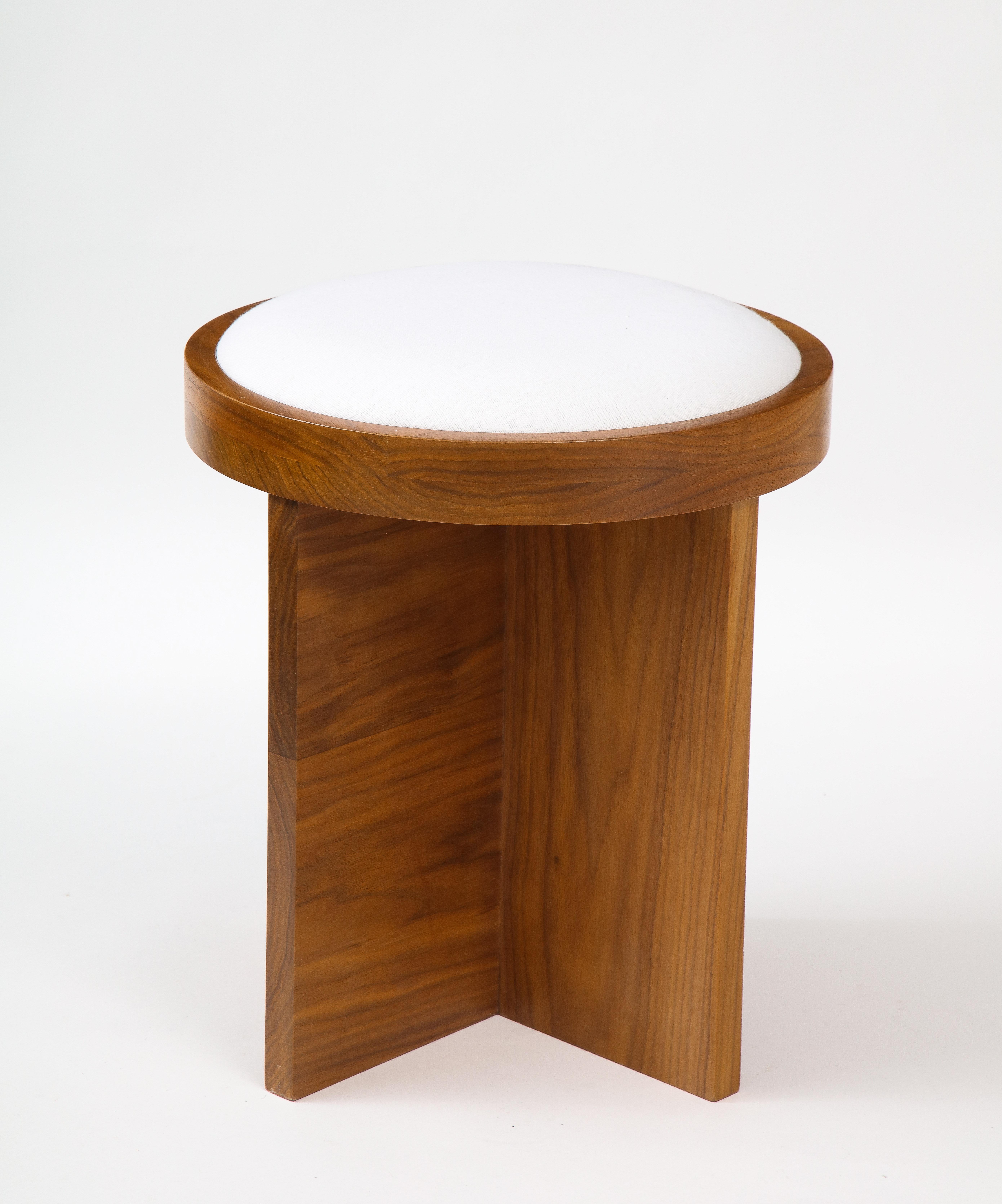 Custom made to order solid walnut stool (or side table) with inset linen cushioned top (COM) in the French 40's style.