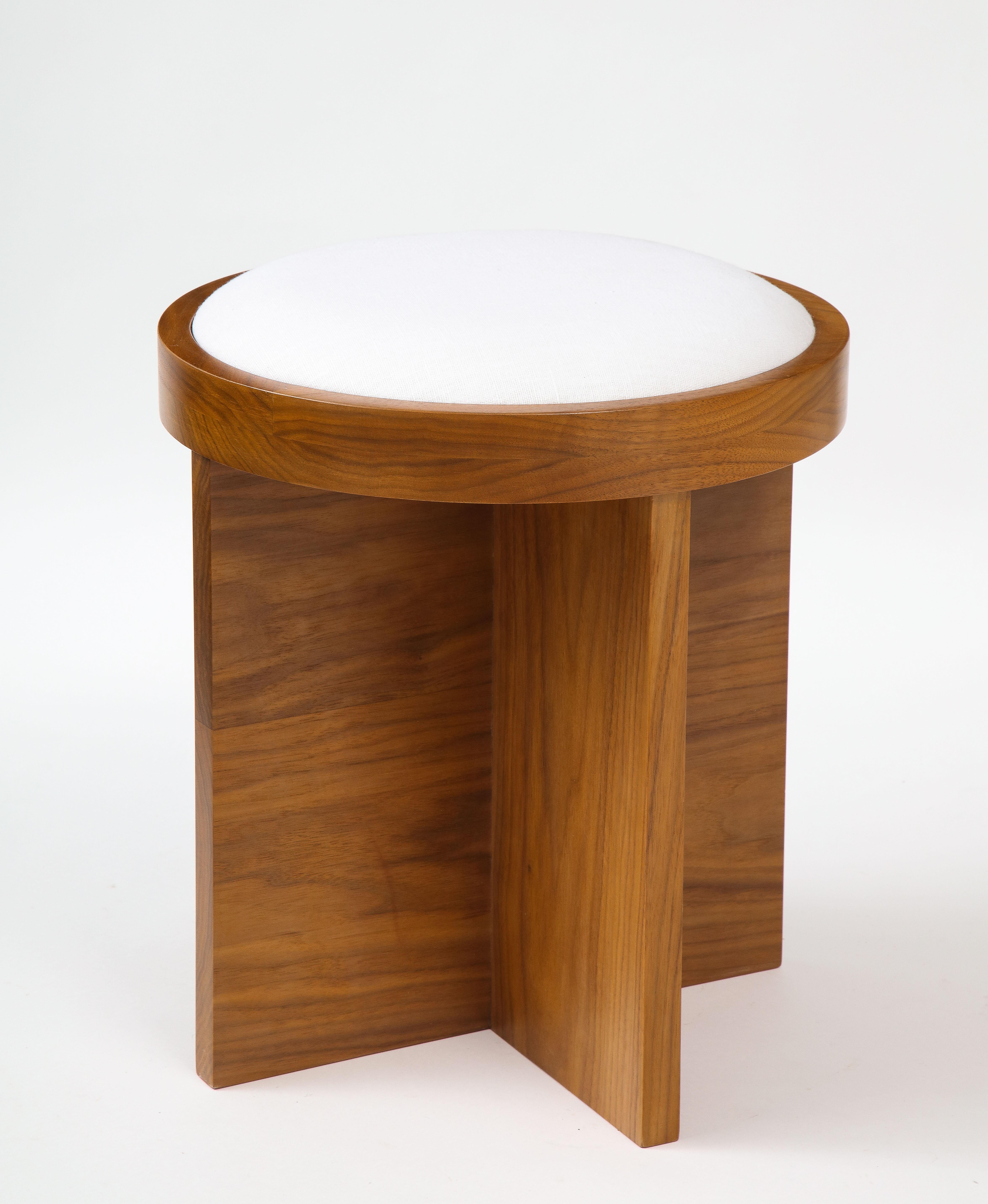 Modern Custom Made to Order Solid Walnut Stool with Linen Inset Cushioned Top For Sale