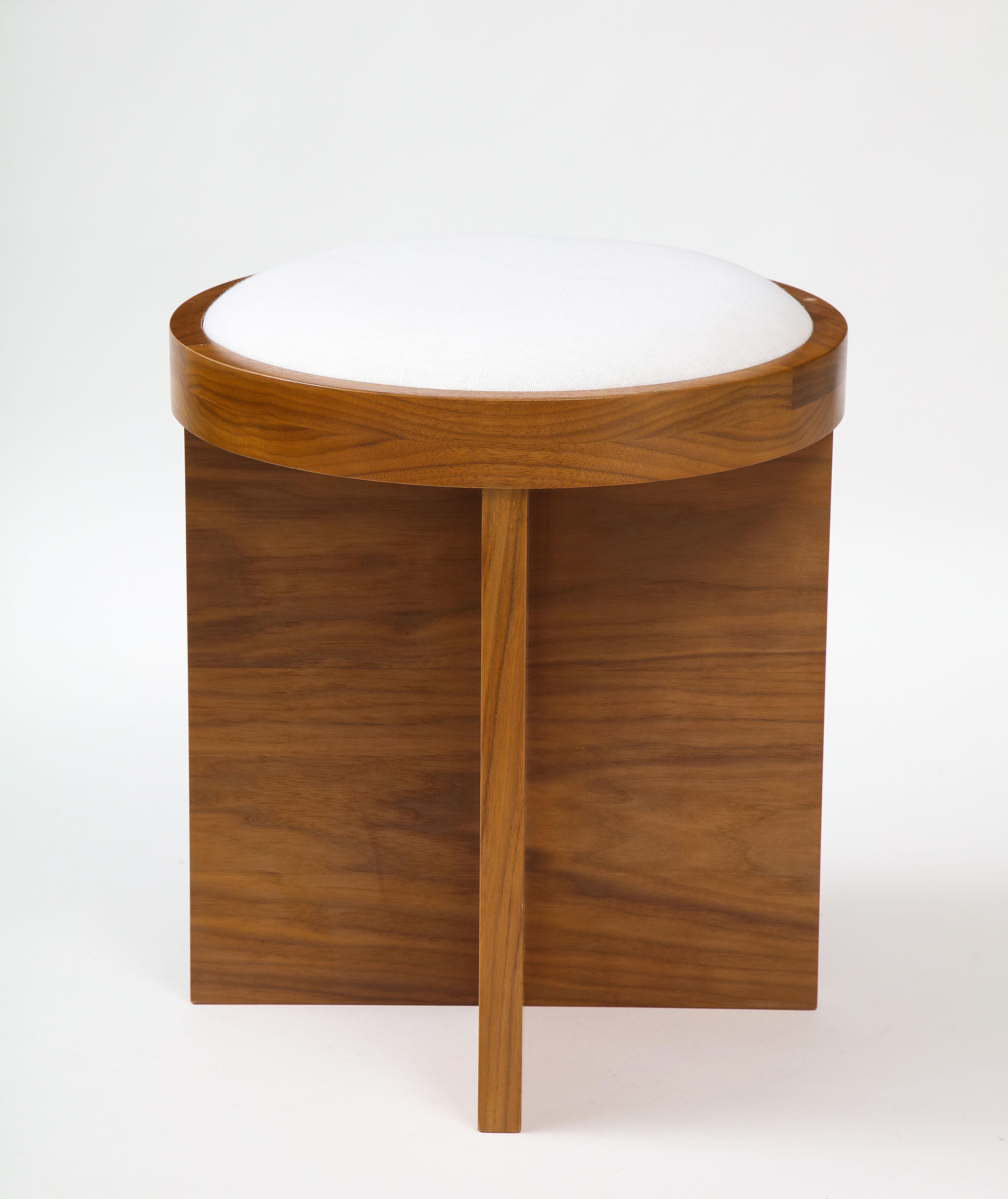 American Custom Made to Order Solid Walnut Stool with Linen Inset Cushioned Top For Sale