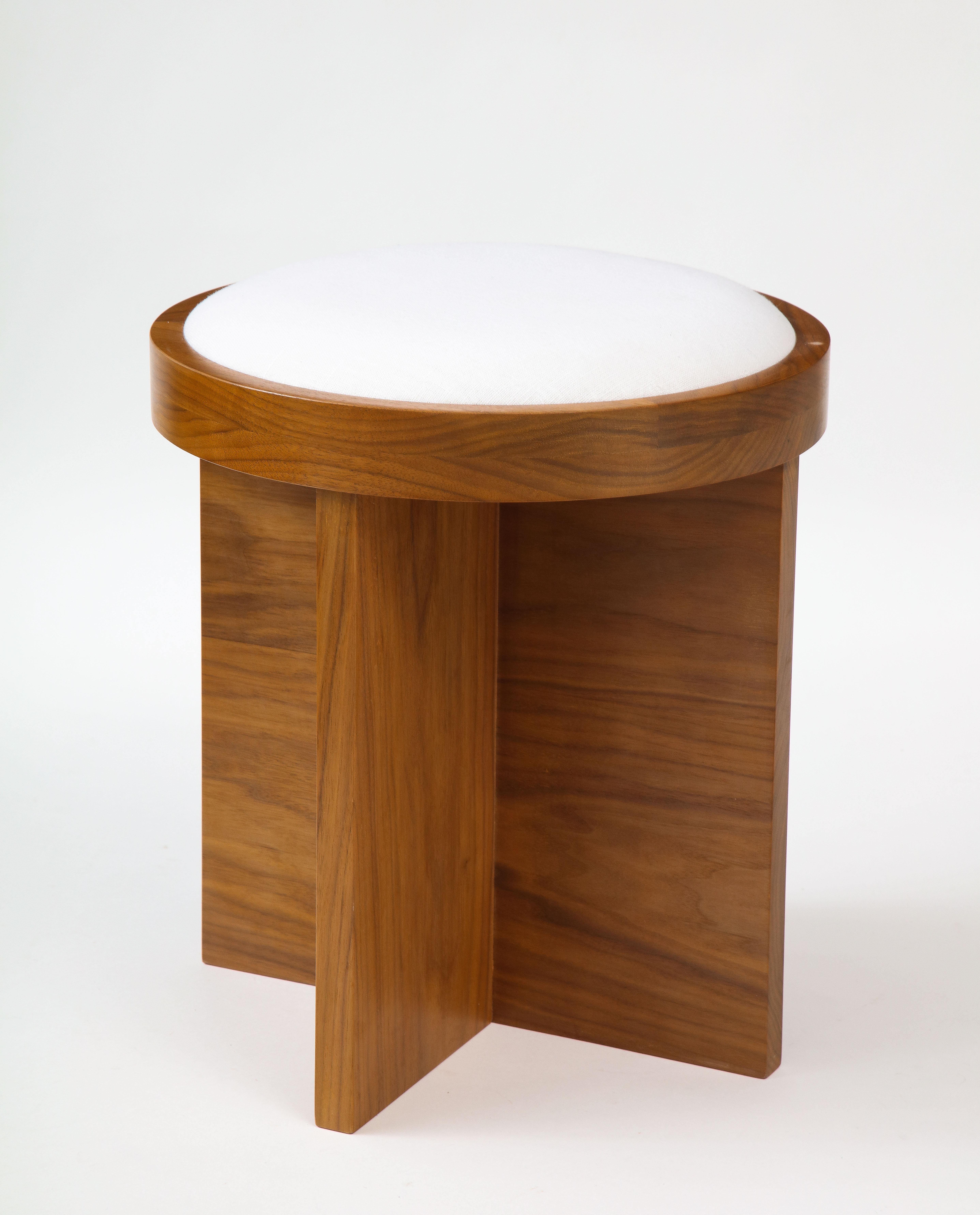 Custom Made to Order Solid Walnut Stool with Linen Inset Cushioned Top In New Condition For Sale In Brooklyn, NY
