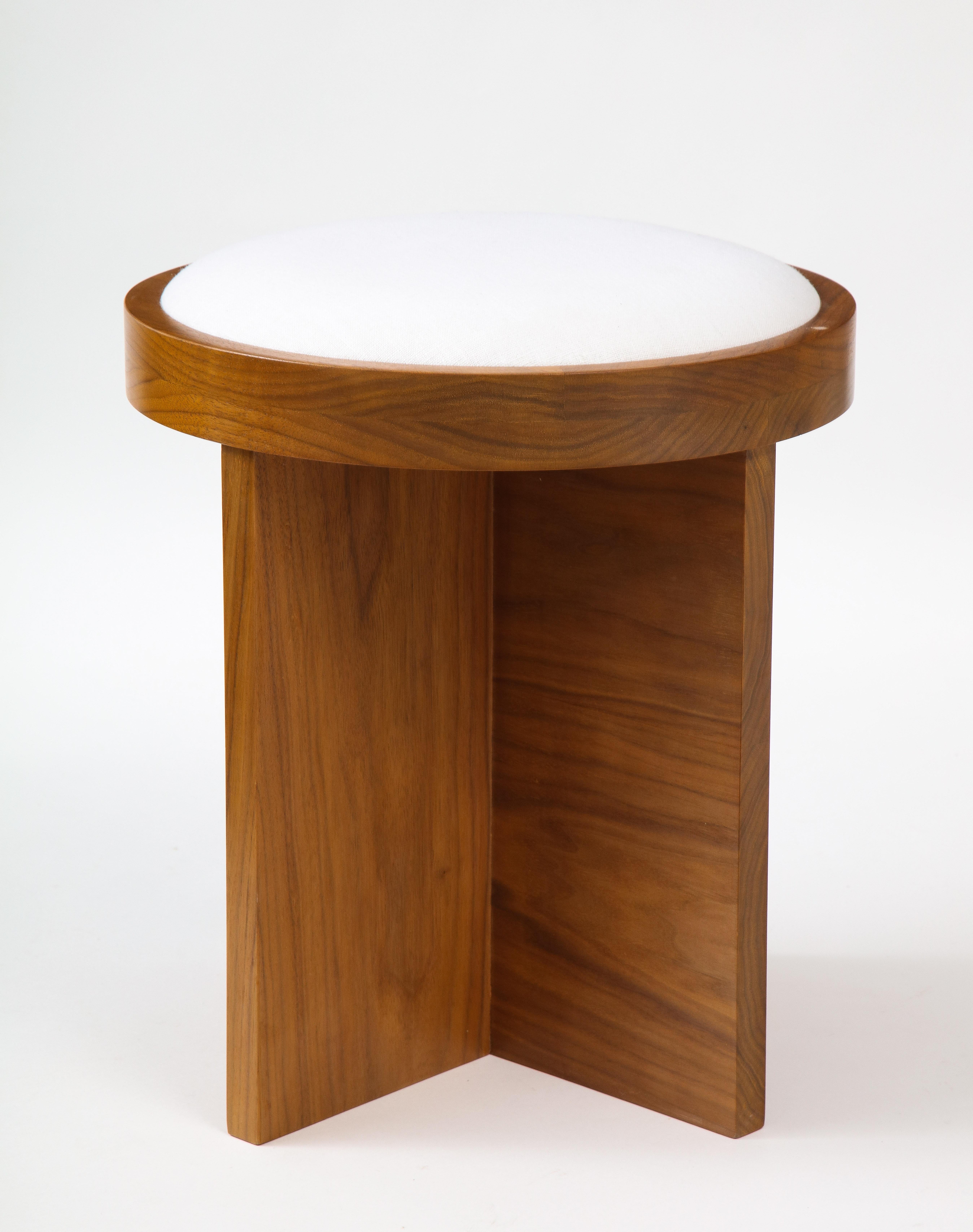 Contemporary Custom Made to Order Solid Walnut Stool with Linen Inset Cushioned Top For Sale