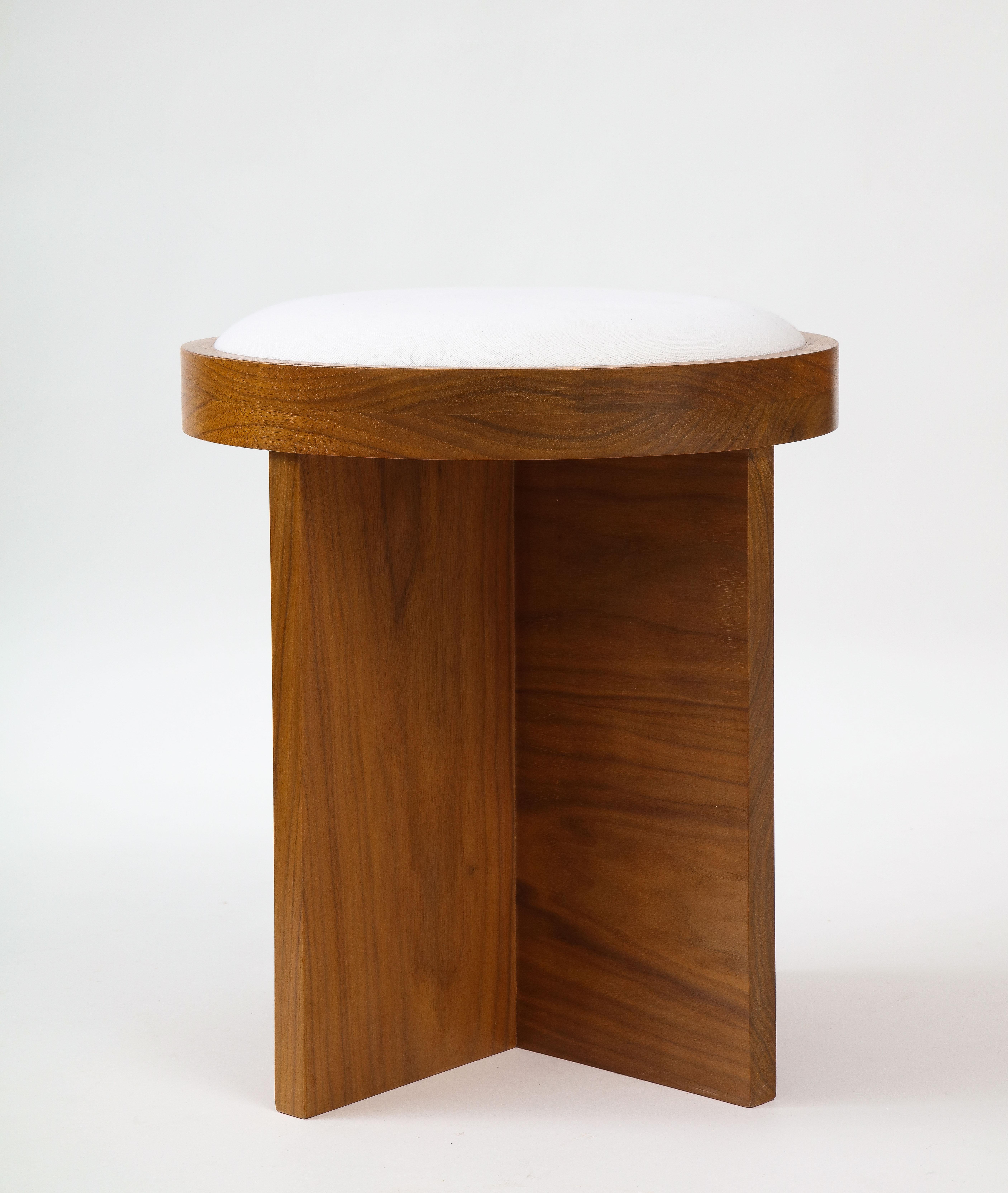 Custom Made to Order Solid Walnut Stool with Linen Inset Cushioned Top For Sale 2