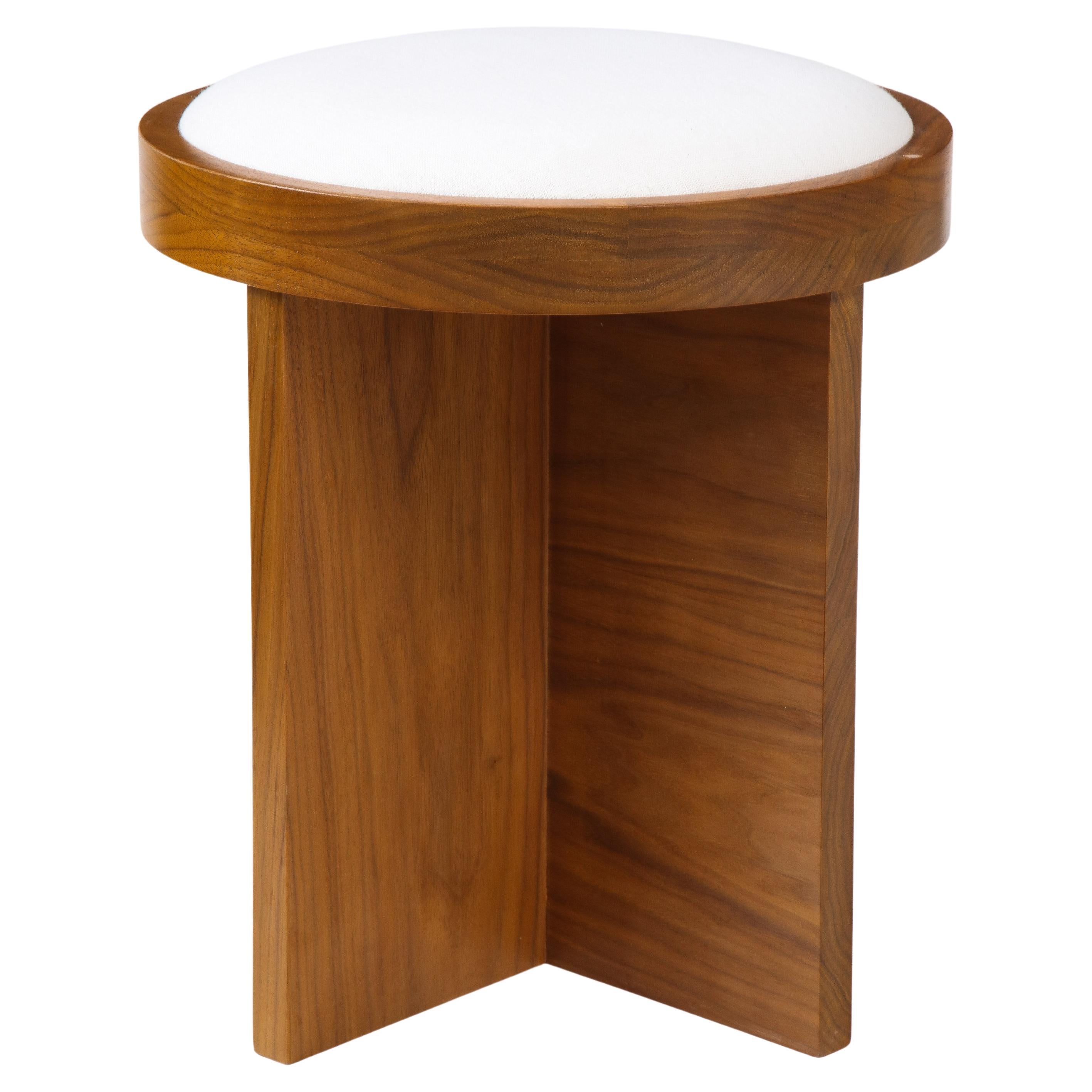 Custom Made to Order Solid Walnut Stool with Linen Inset Cushioned Top