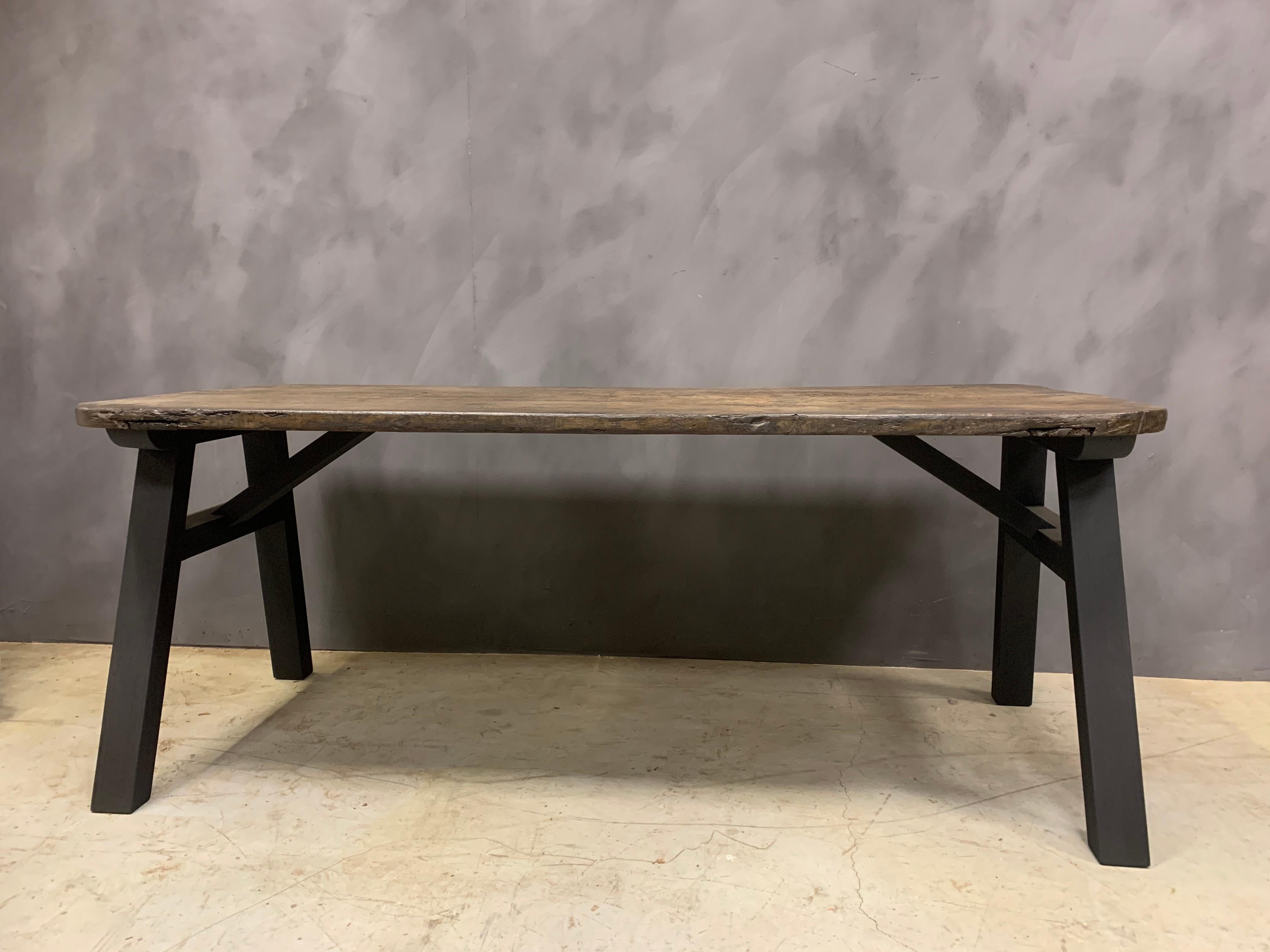 Our 'Atelier Table'. This table can be custom made with a reclaimed top at your choice. Old chenstnut, walnut, oak and softwood is available (one piece slabs or from multiple boards). We usually make the base from old oak which can be patined or