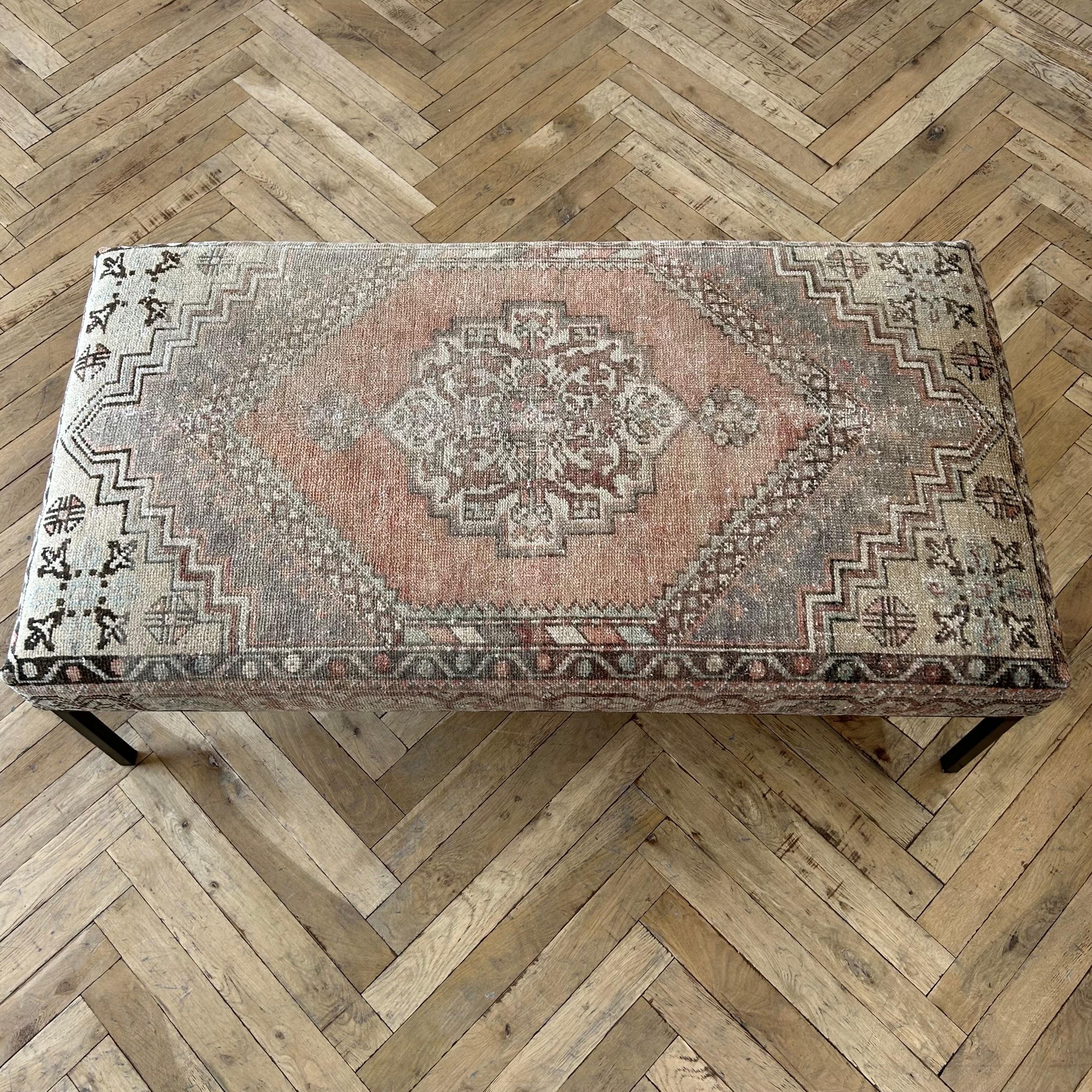 Custom Made Turkish Vintage Rug Cocktail Ottoman or Bench with Metal Base 6
