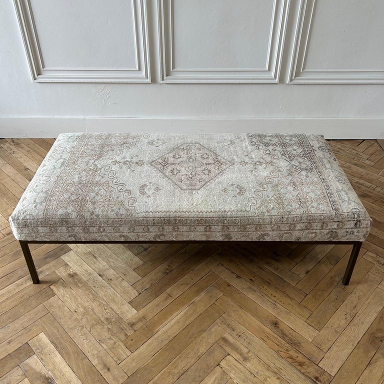 Custom Made Turkish Vintage Rug Cocktail Ottoman or Bench with Metal