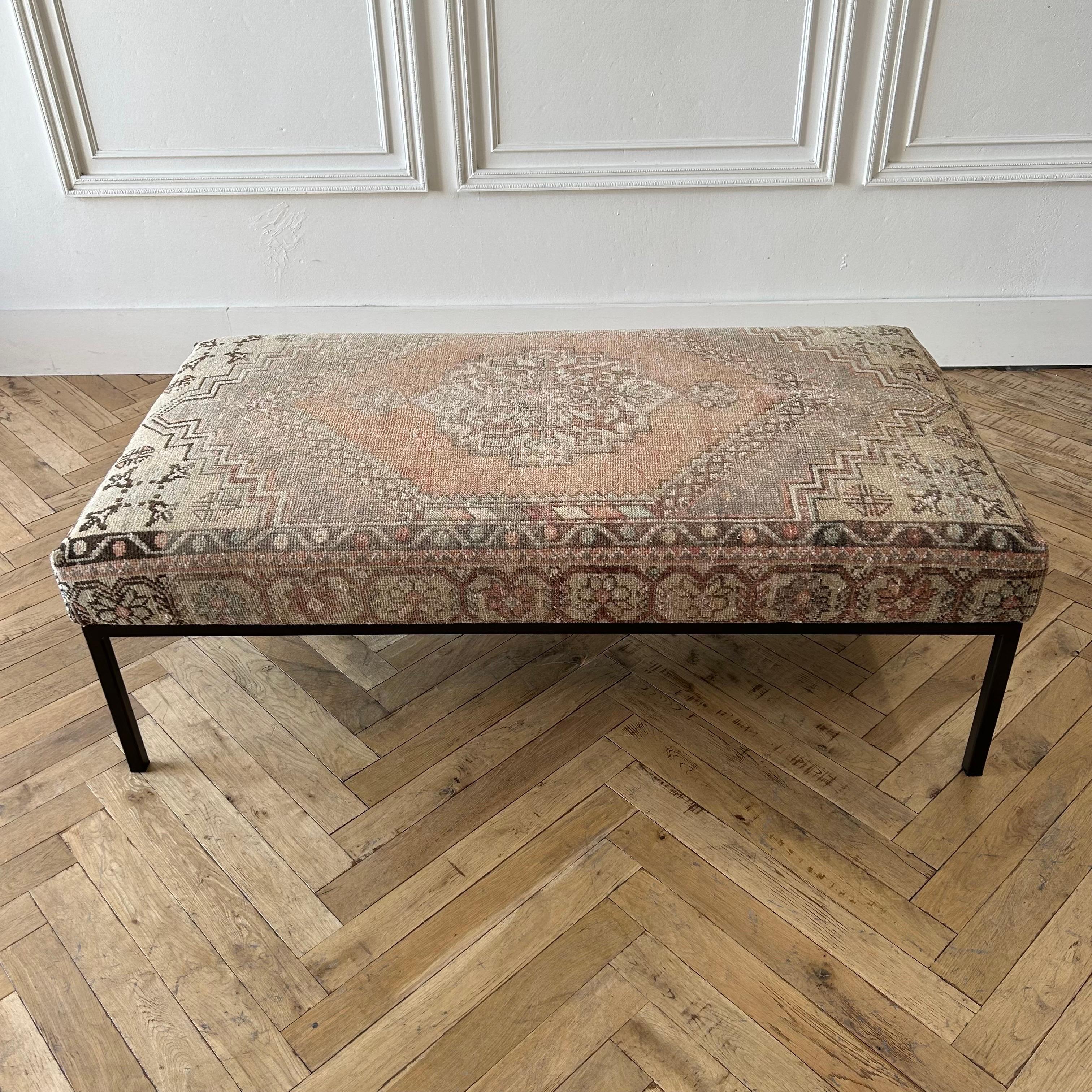 Contemporary Custom Made Turkish Vintage Rug Cocktail Ottoman or Bench with Metal Base