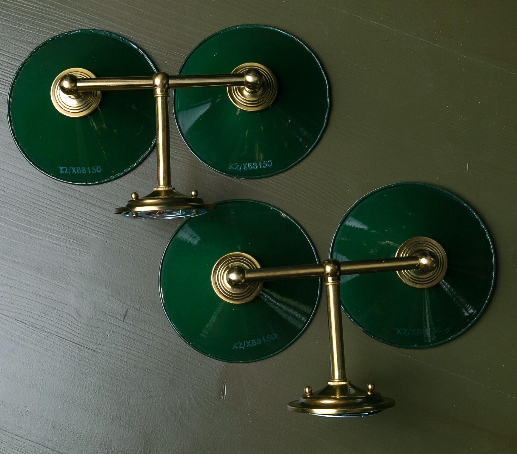 Custom Made Two-Arm Brass Sconces with Vintage Green Enamel Shades In Good Condition In Houston, TX