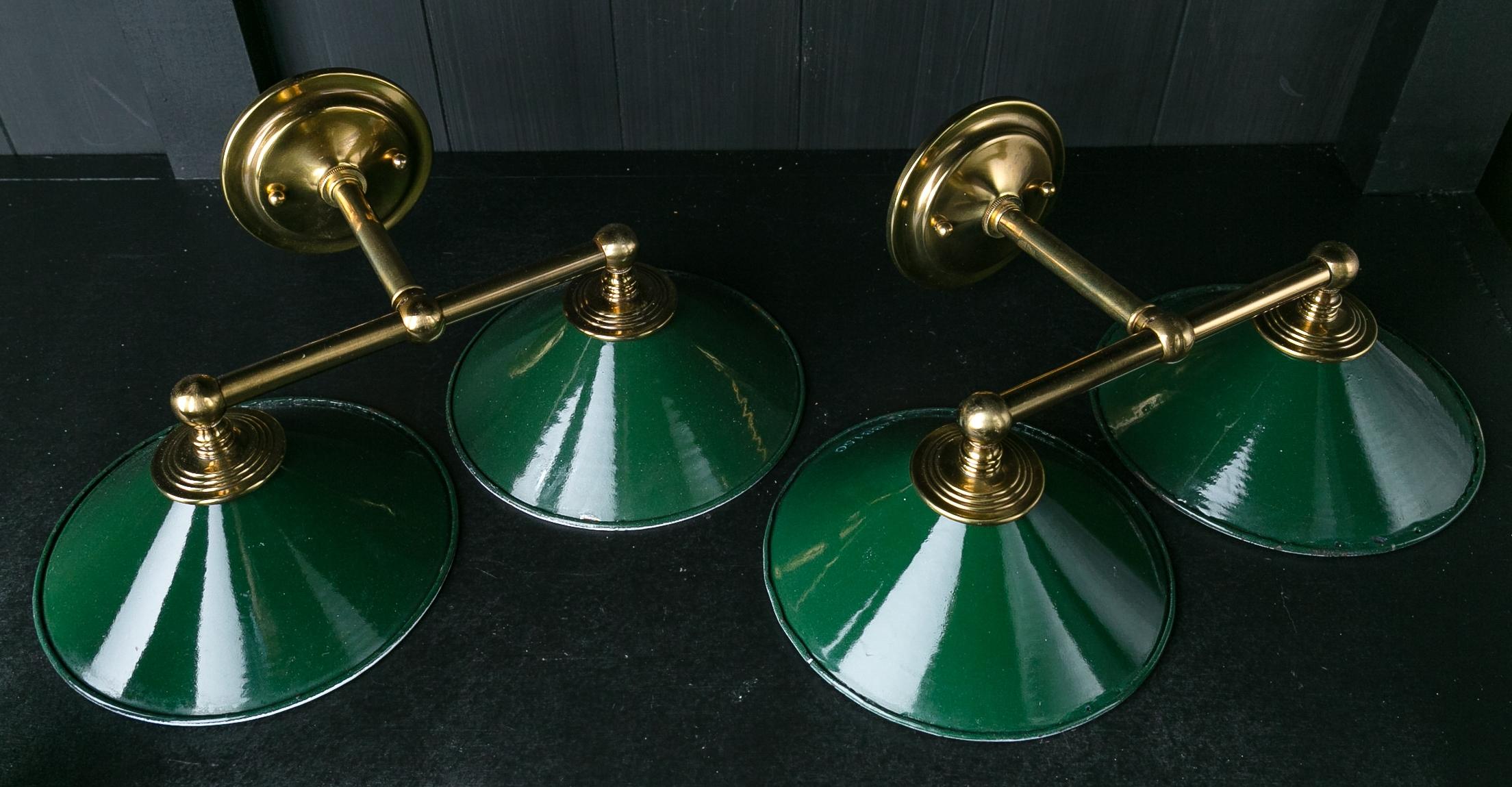 Contemporary Custom Made Two-Arm Brass Sconces with Vintage Green Enamel Shades