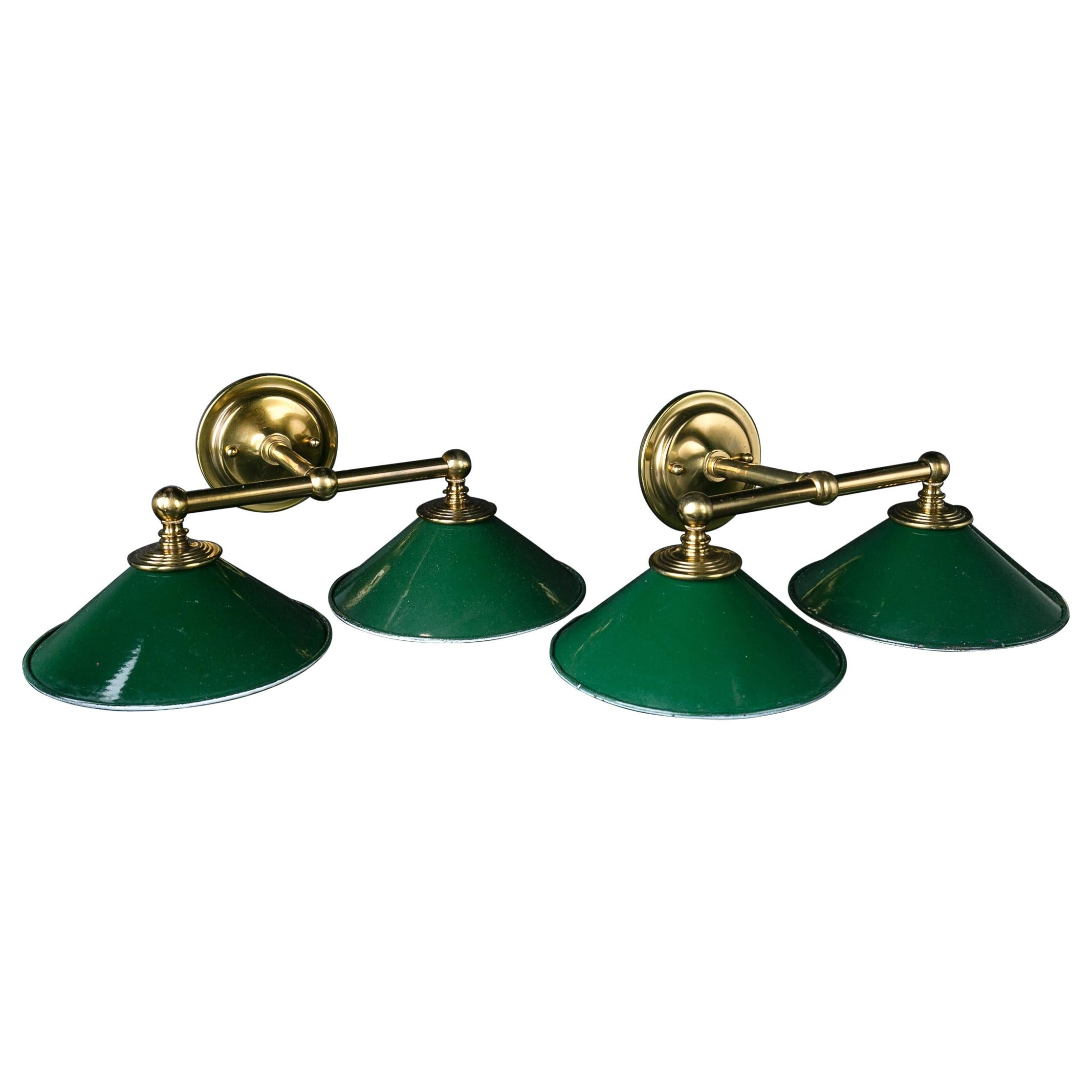 Custom Made Two-Arm Brass Sconces with Vintage Green Enamel Shades