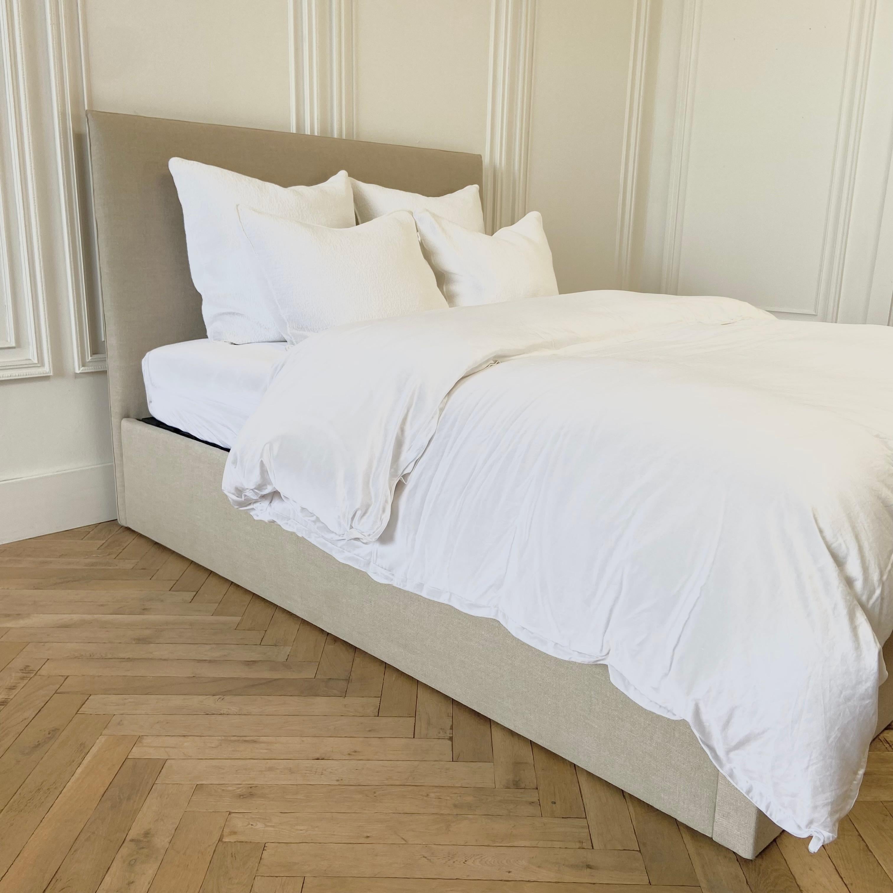 Custom Made Upholstered Queen Bed with Organic Belgian Linen Headboard 3