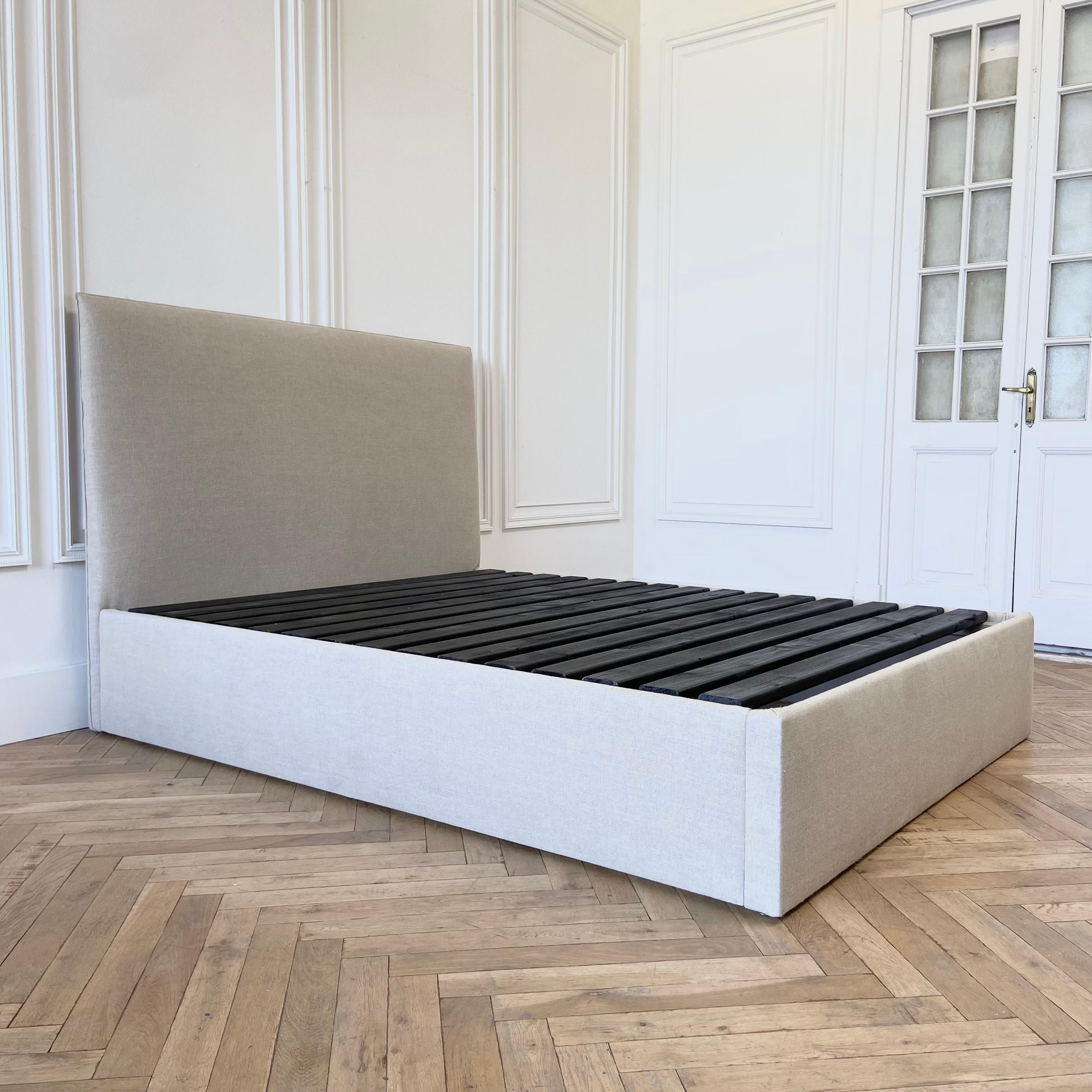 Contemporary Custom Made Upholstered Queen Bed with Organic Belgian Linen Headboard